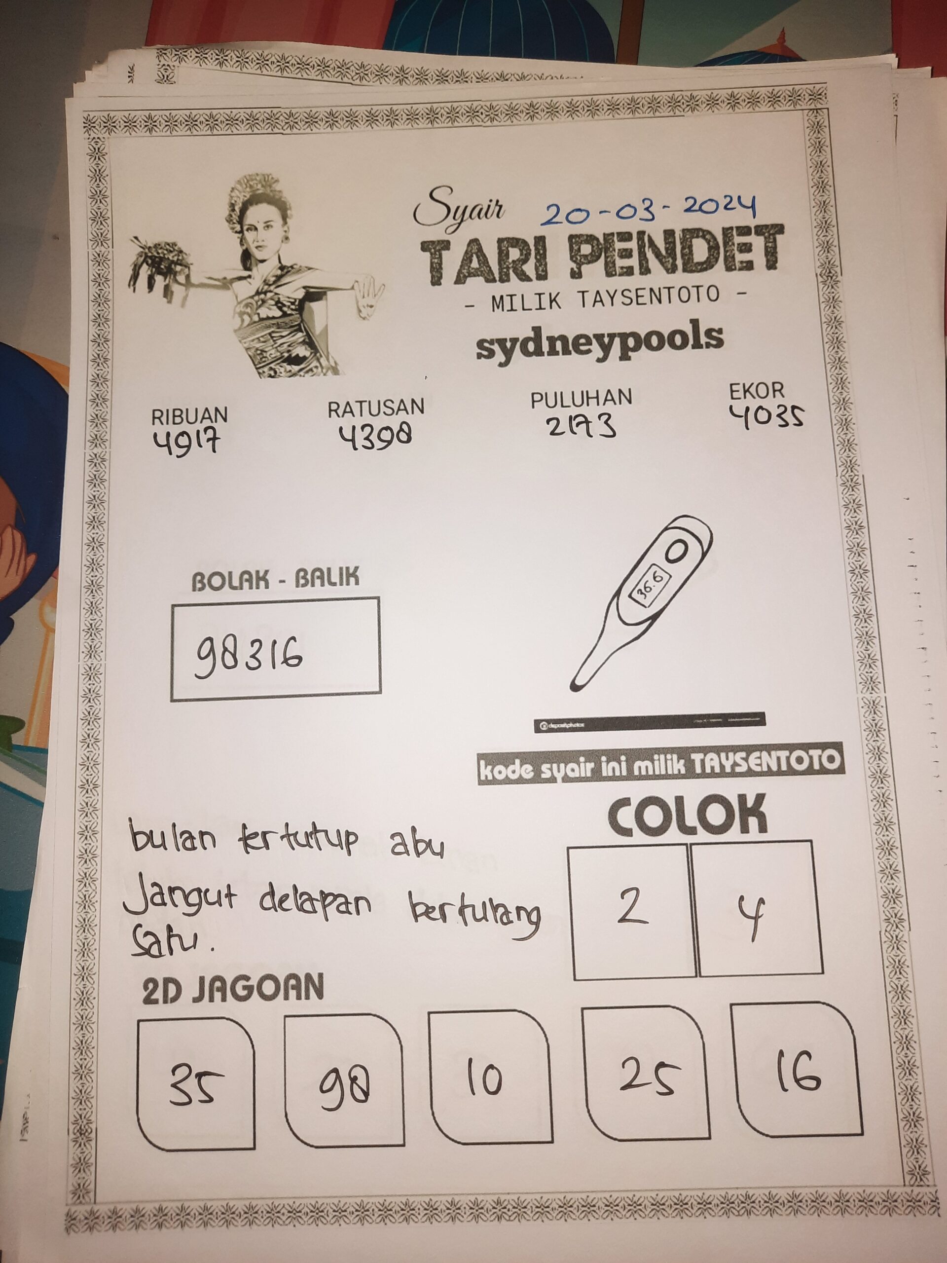 Syair Tari Pendet Sydney Hari ini 20 Maret 2024