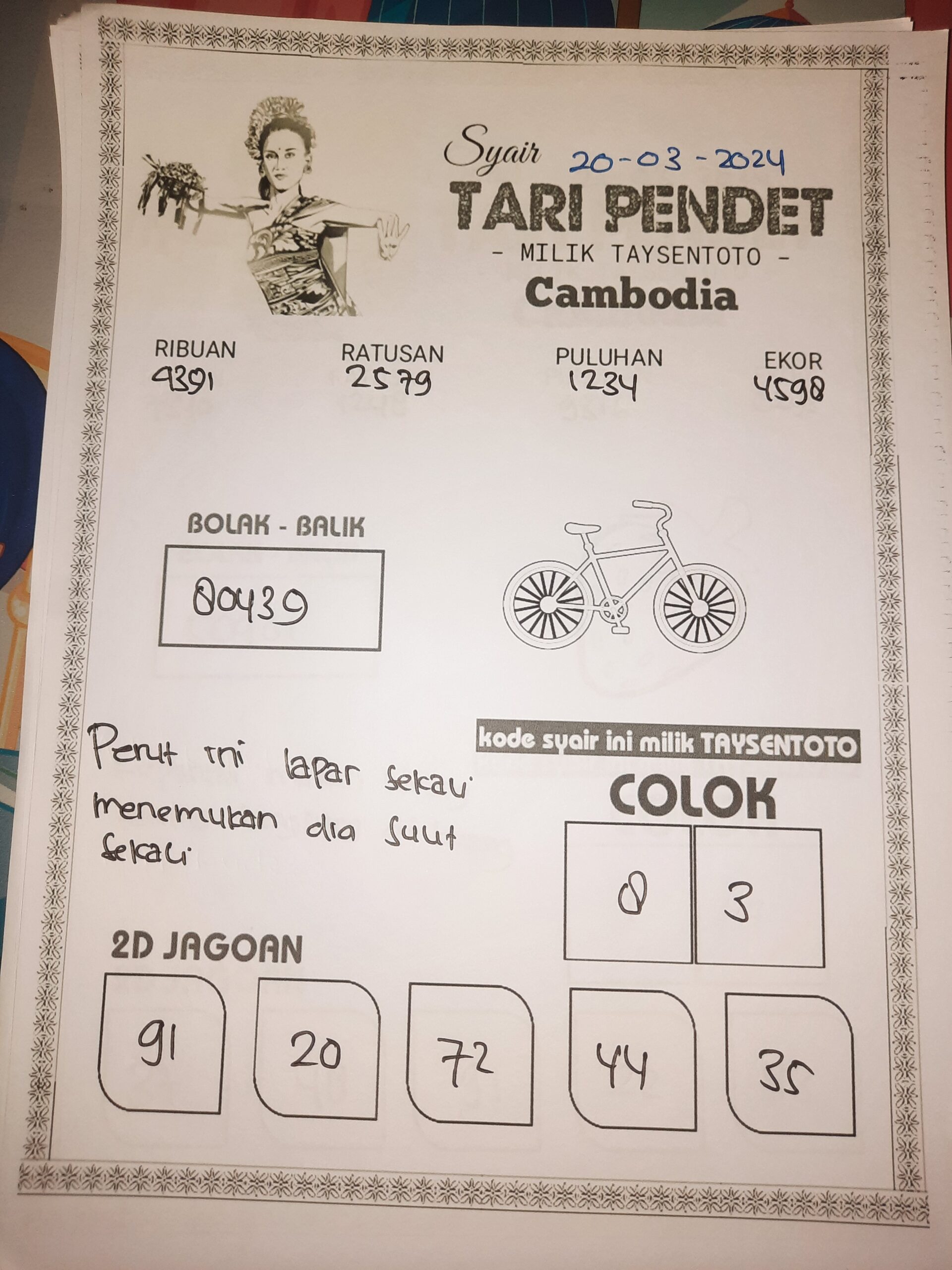 Syair Togel Tari Pendet Cambodia Hari ini 20 Maret 2024