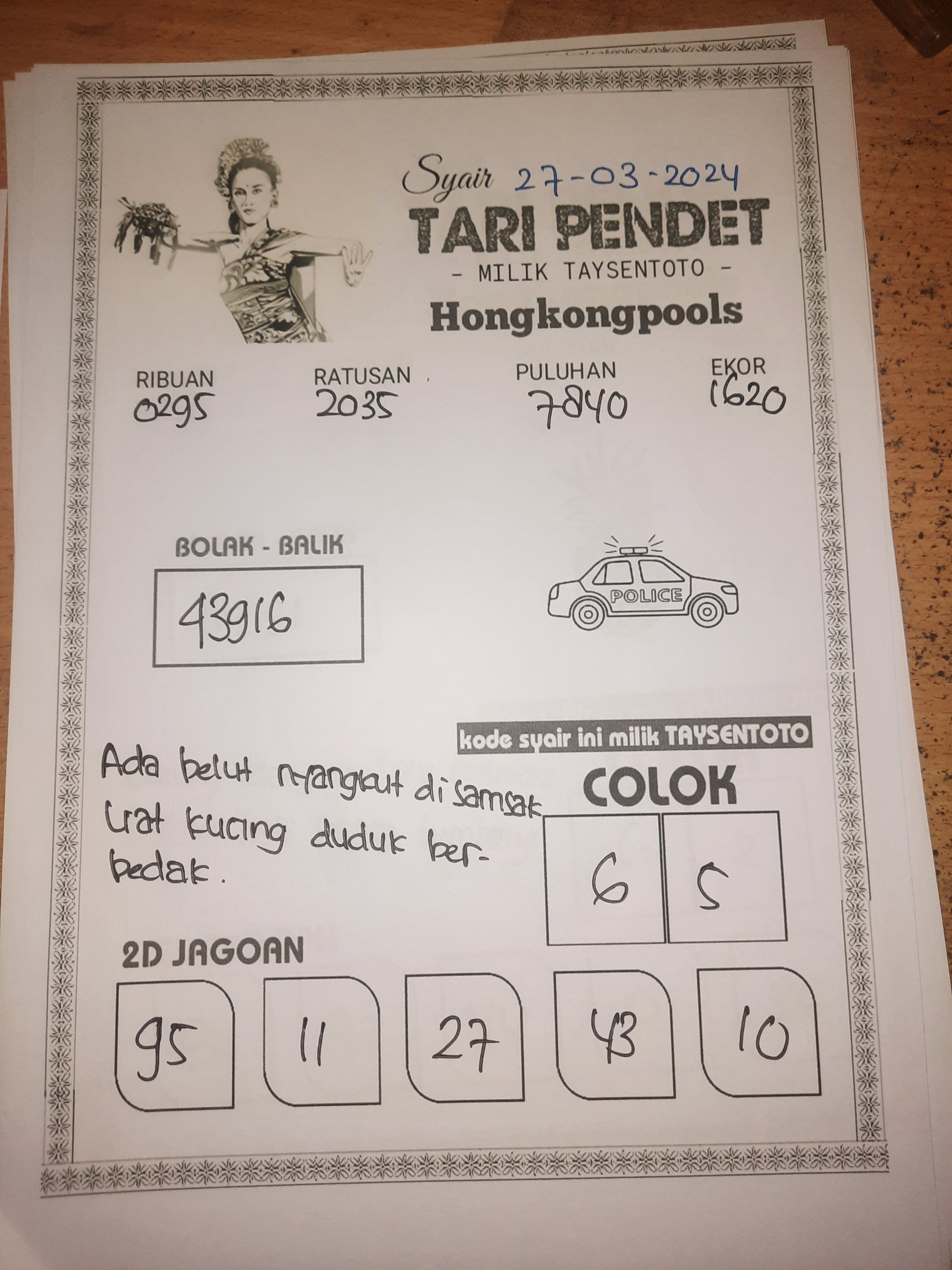 Syair Tari Pendet HK Hari Ini 27 Maret 2024