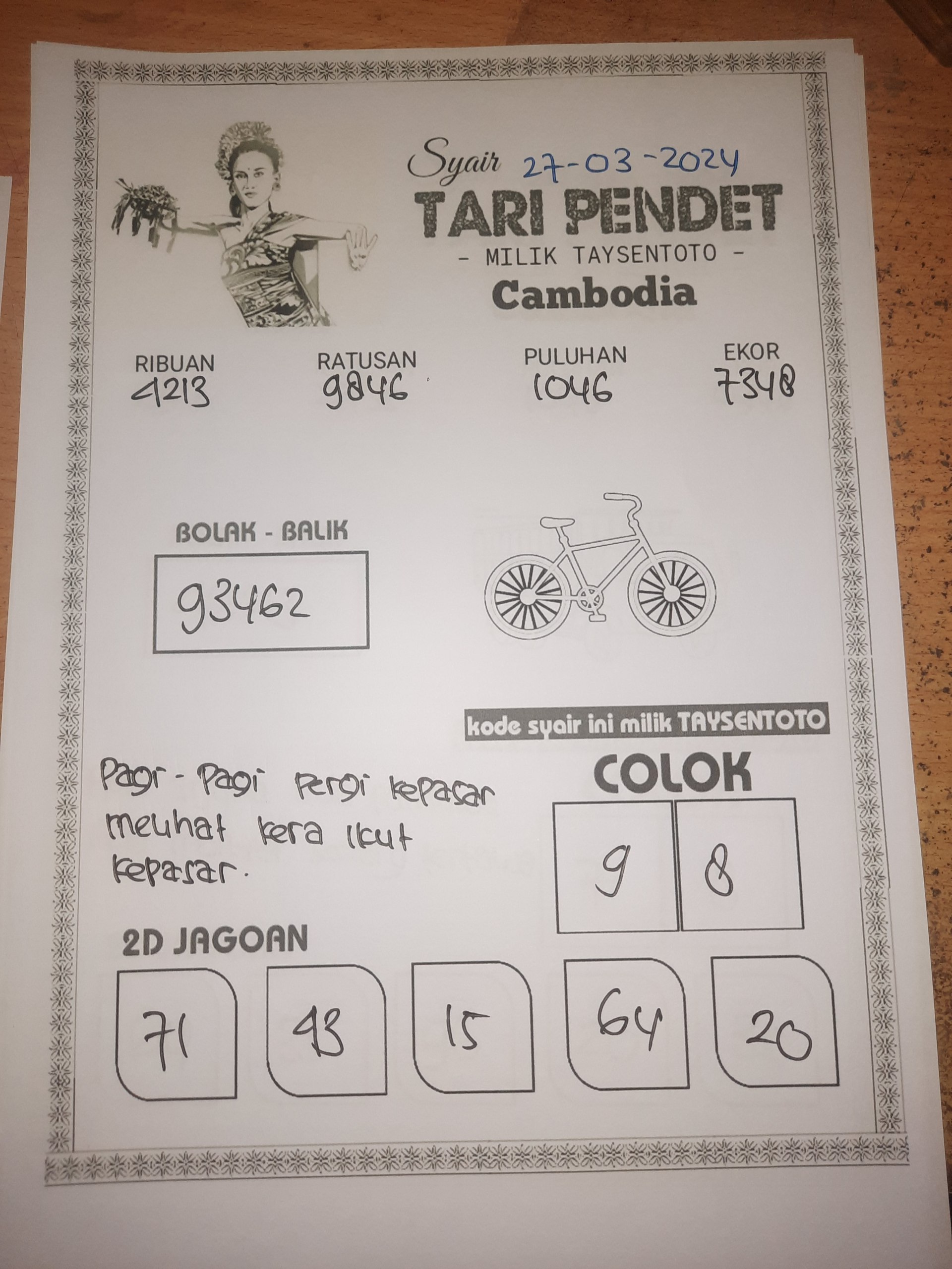 Syair Togel Tari Pendet Cambodia Hari ini 27 Maret 2024