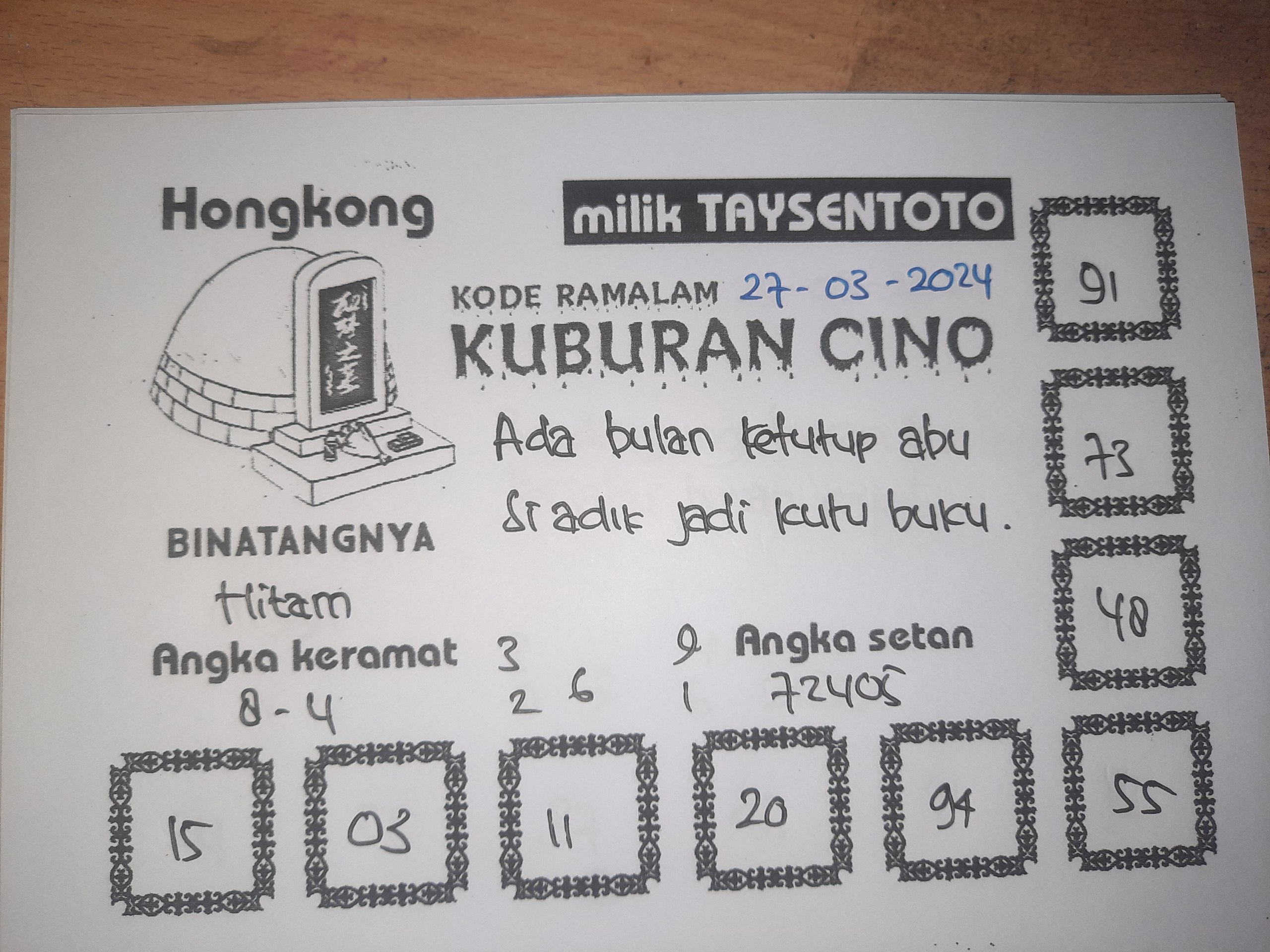 Syair Kuburan Cino HK Hari Ini 27 Maret 2024