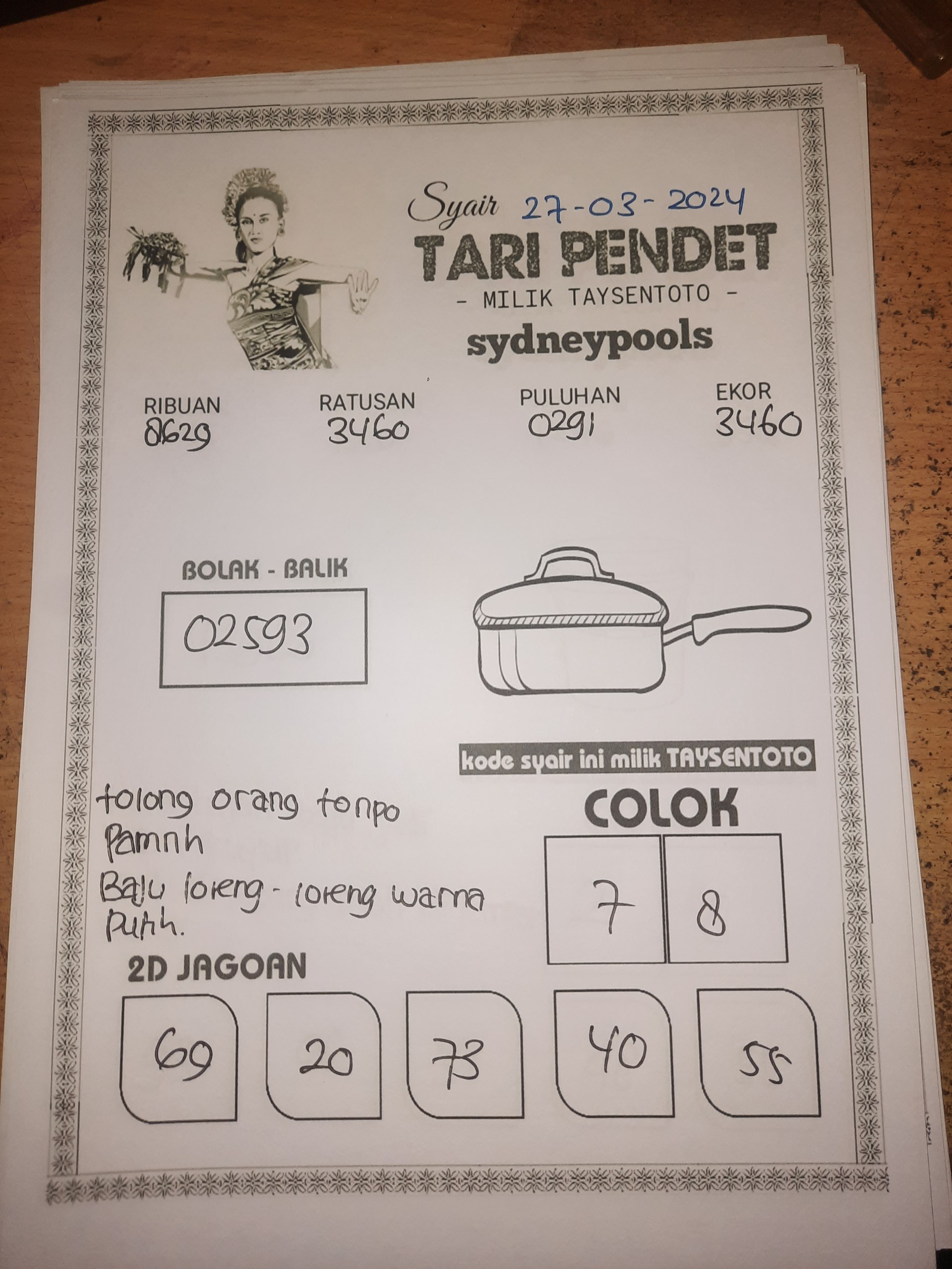 Syair Tari Pendet Sydney Hari ini 27 Maret 2024