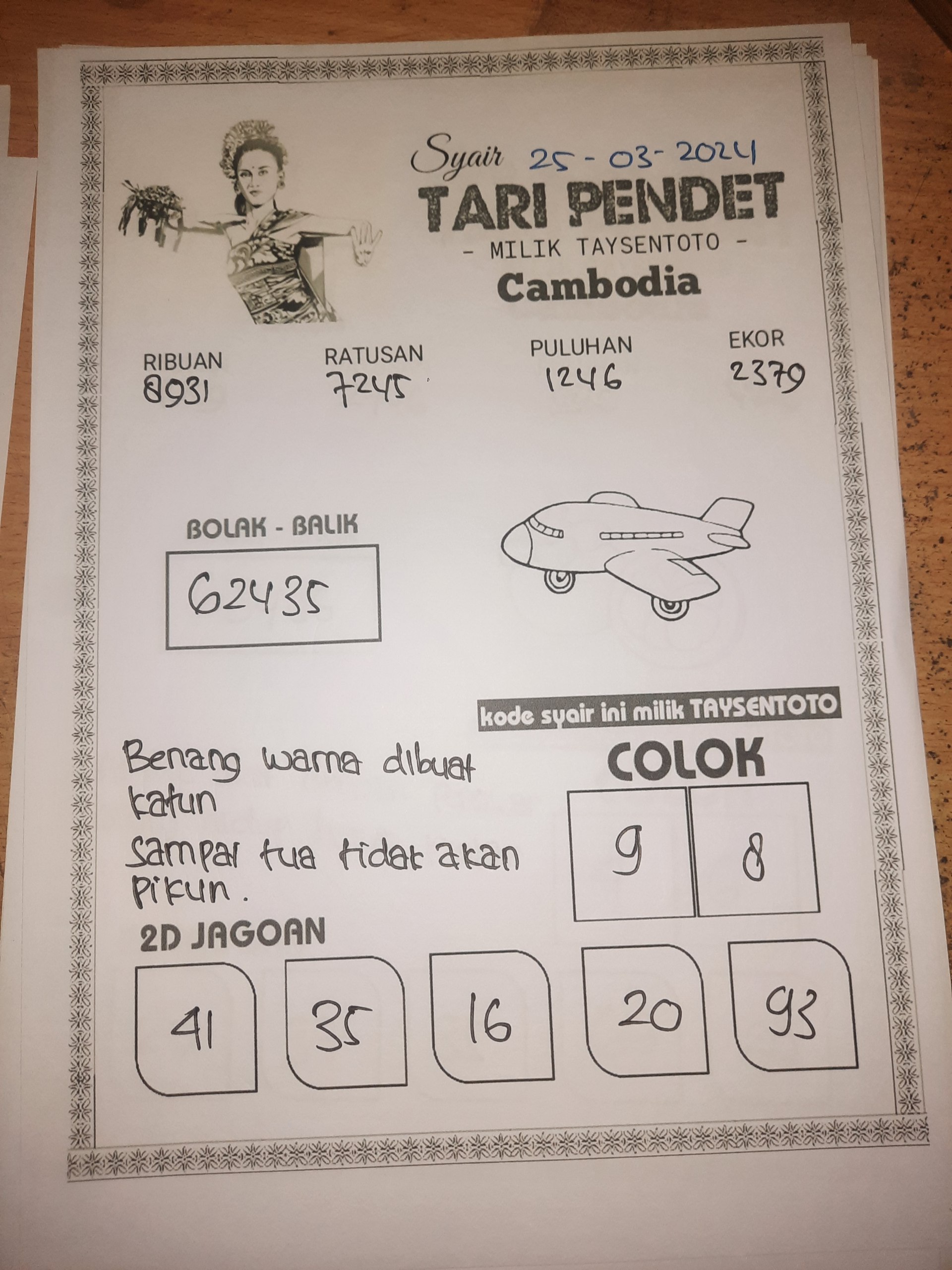 Syair Togel Tari Pendet Cambodia Hari ini 25 Maret 2024