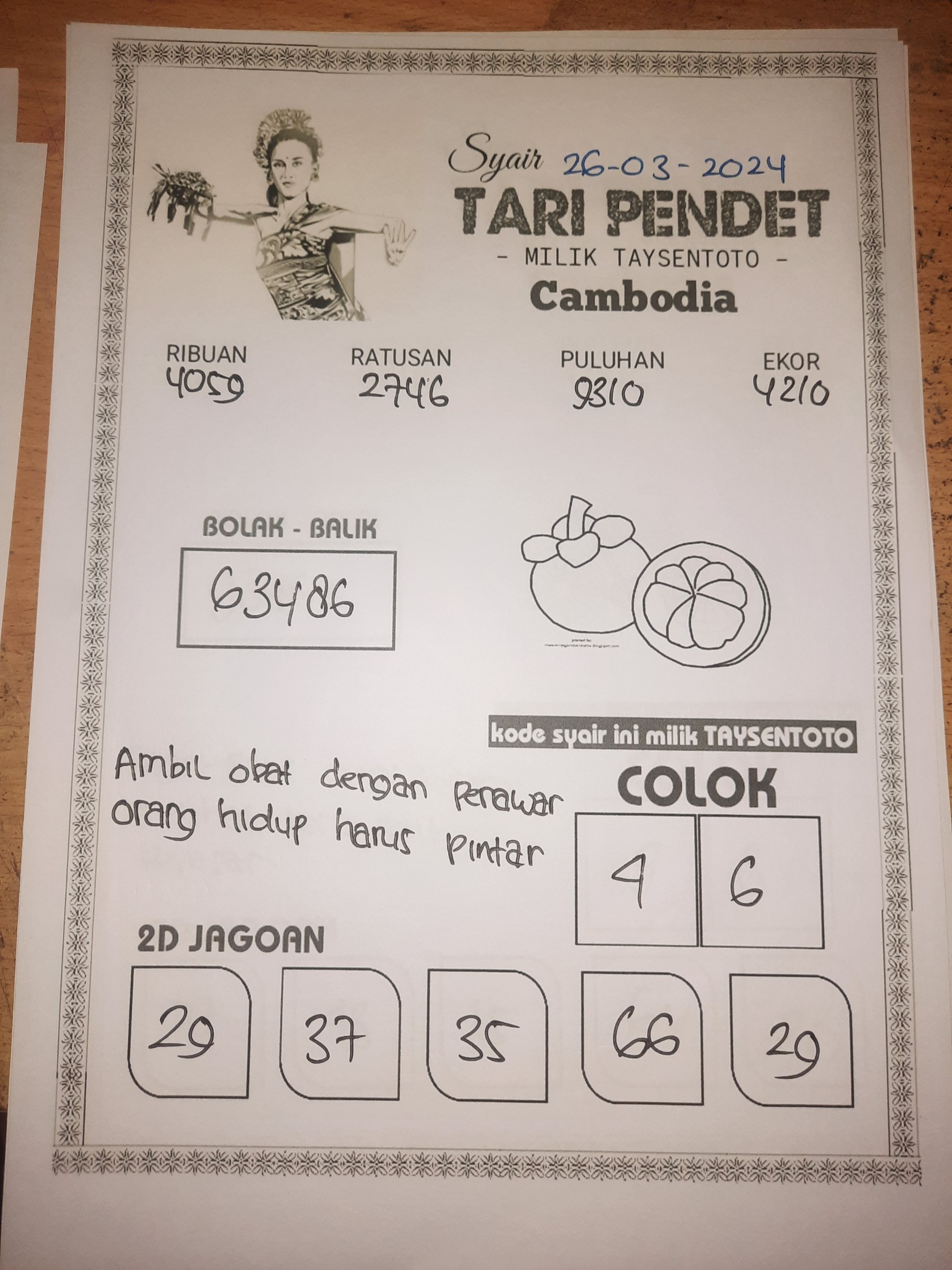 Syair Togel Tari Pendet Cambodia Hari ini 26 Maret 2024