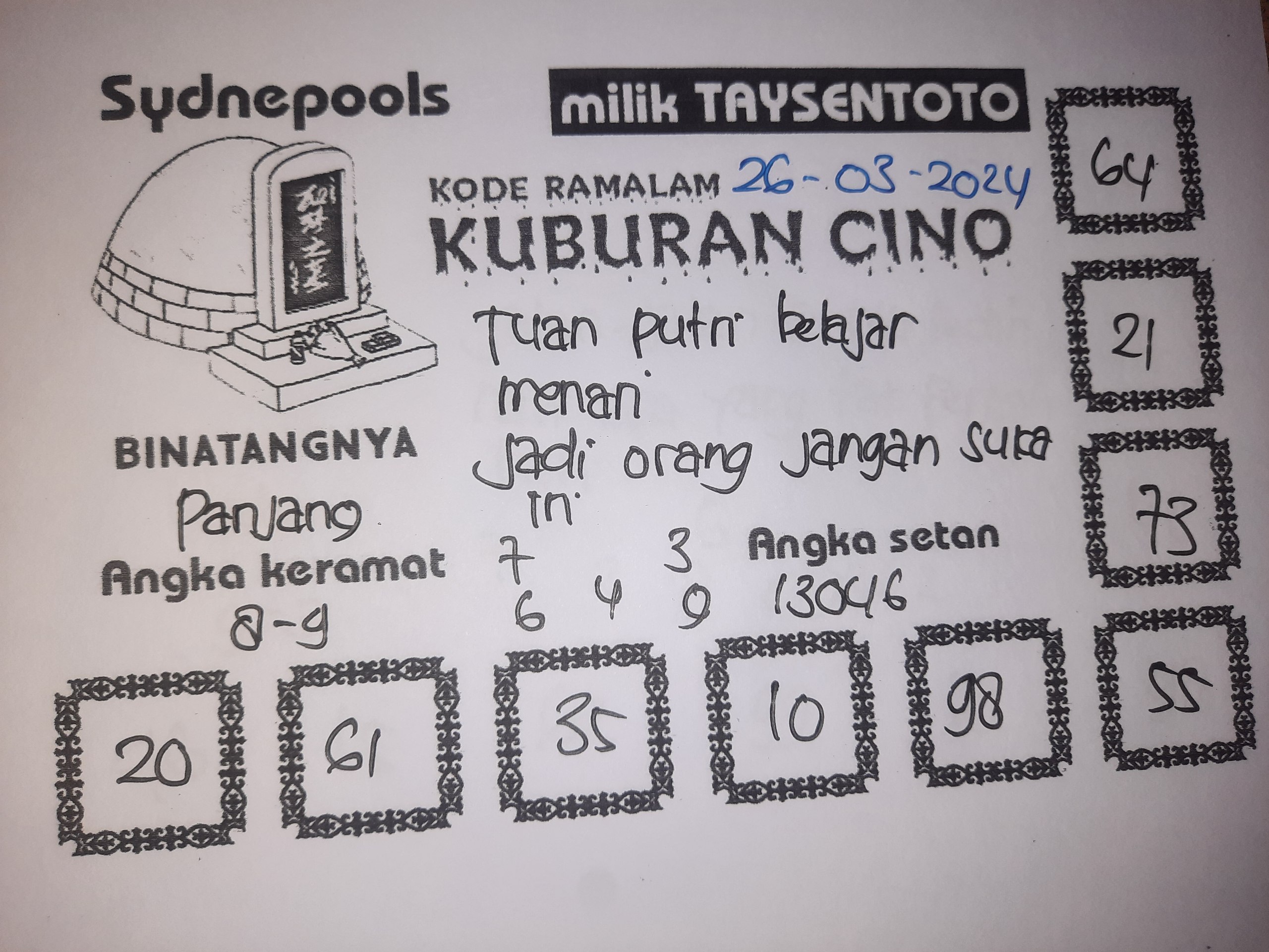 Syair Kuburan Cino Sydney Hari ini 26 Maret 2024