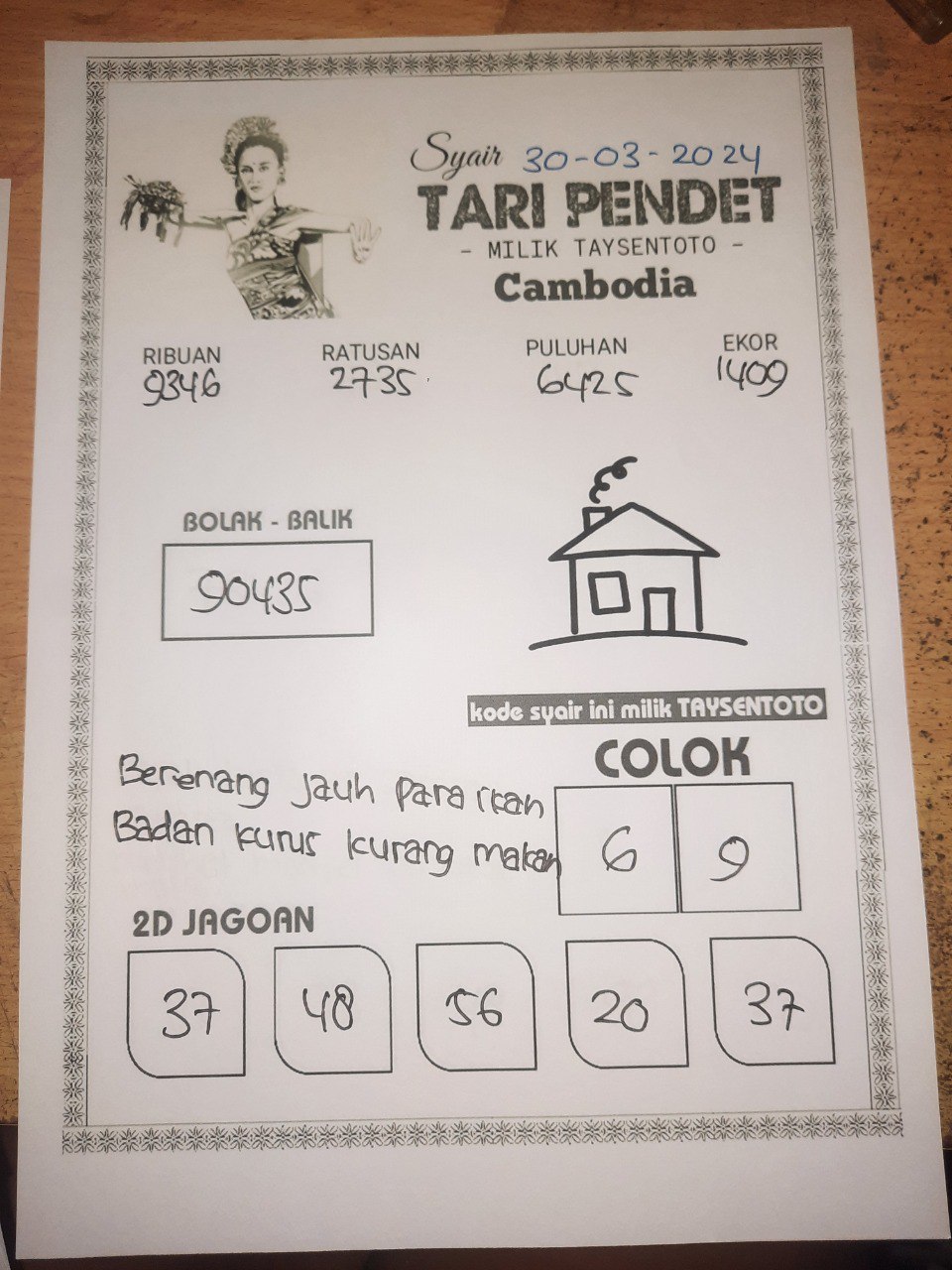 Syair Togel Tari Pendet Cambodia Hari ini 30 Maret 2024