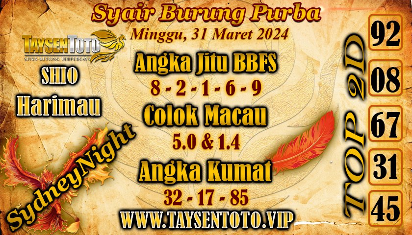 Syair Burung Purba Sydney Night Hari ini 31 Maret 2024