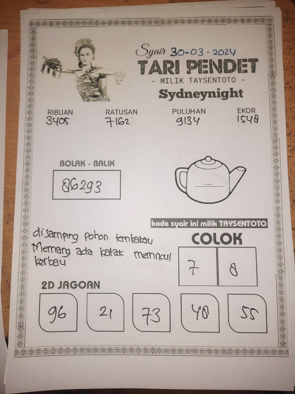 Syair Tari Pendet Sydney Night Hari ini 30 Maret 2024