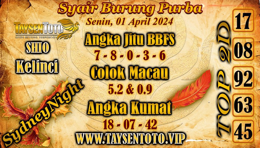 Syair Burung Purba Sydney Night Hari ini 01 April 2024