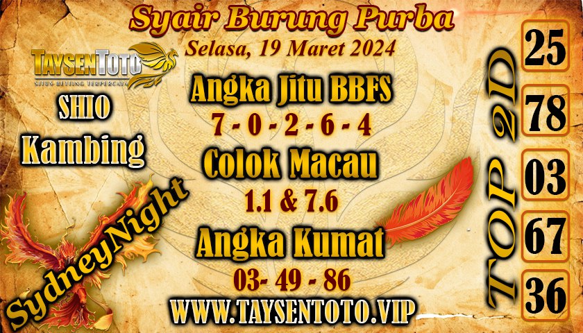 Syair Burung Purba Sydney Night Hari ini 19 Maret 2024