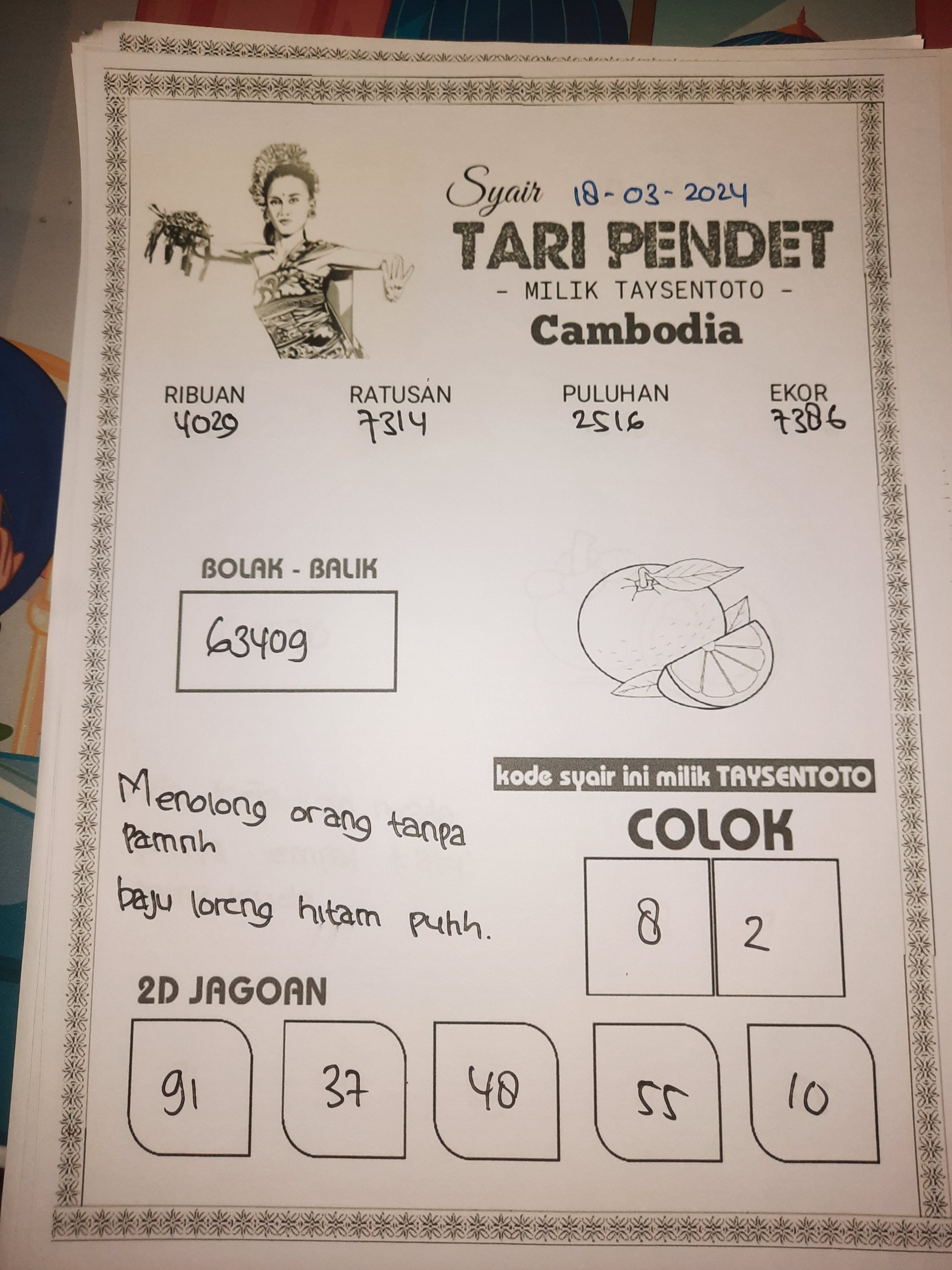 Syair Togel Tari Pendet Cambodia Hari ini 18 Maret 2024