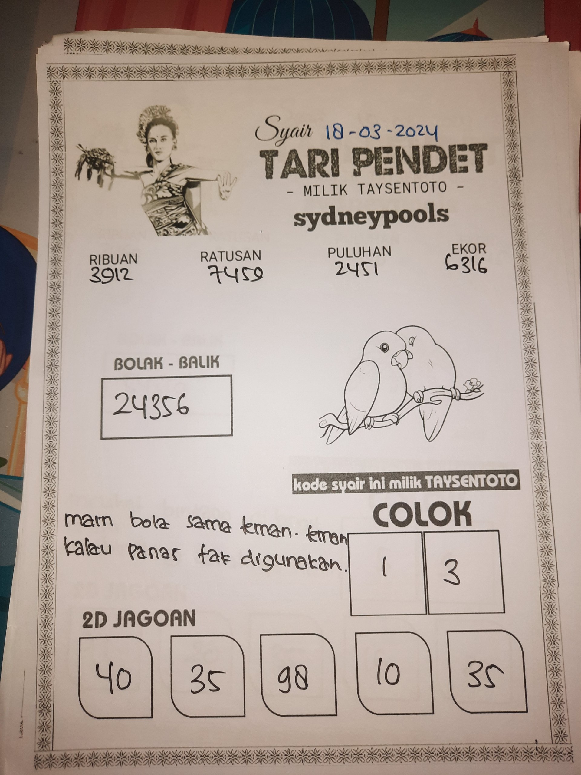 Syair Tari Pendet Sydney Hari ini 18 Maret 2024