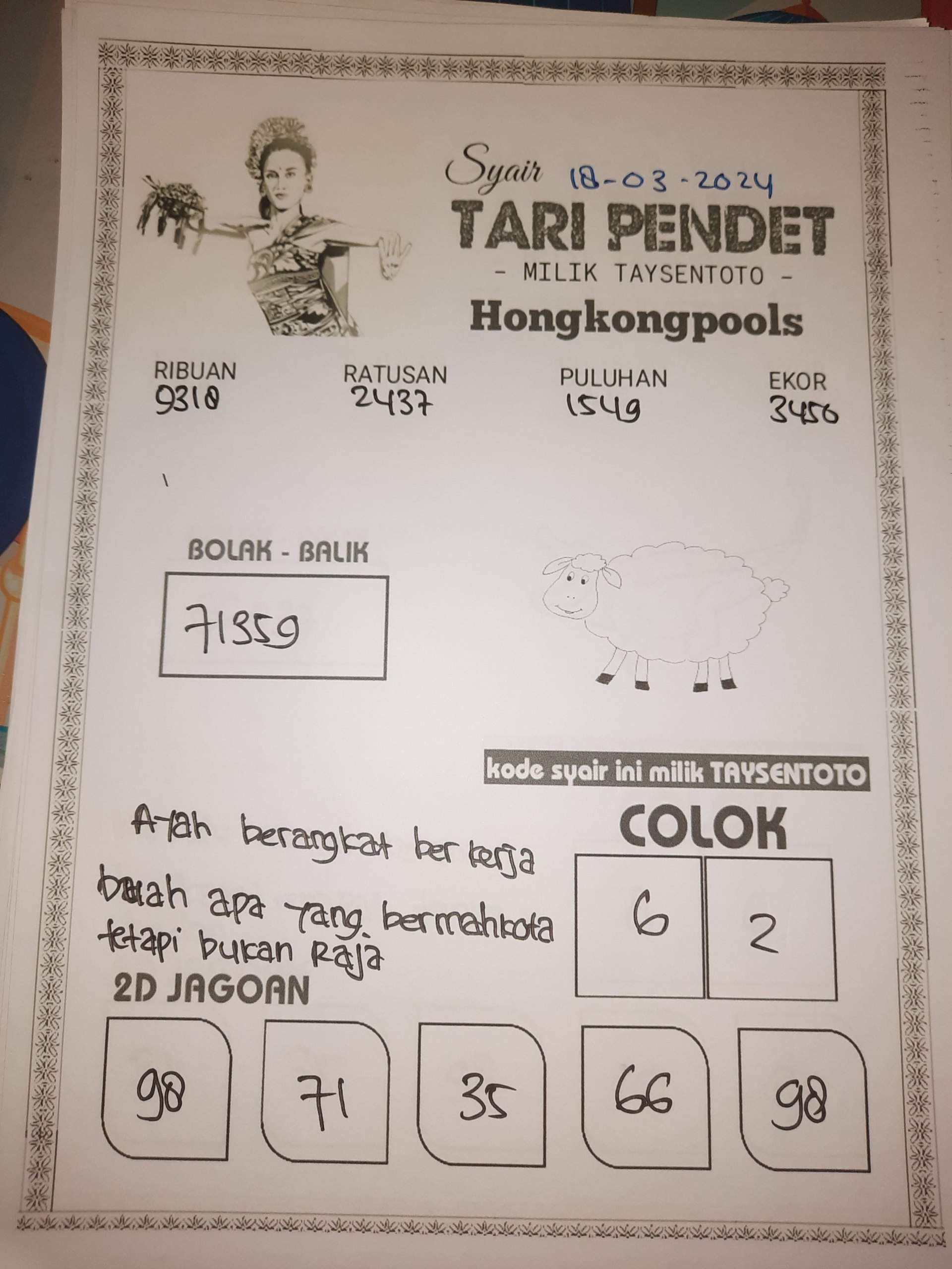 Syair Tari Pendet HK Hari Ini 18 Maret 2024