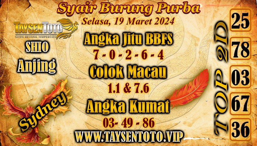 Syair Burung Purba Sydney Hari ini 19 Maret 2024