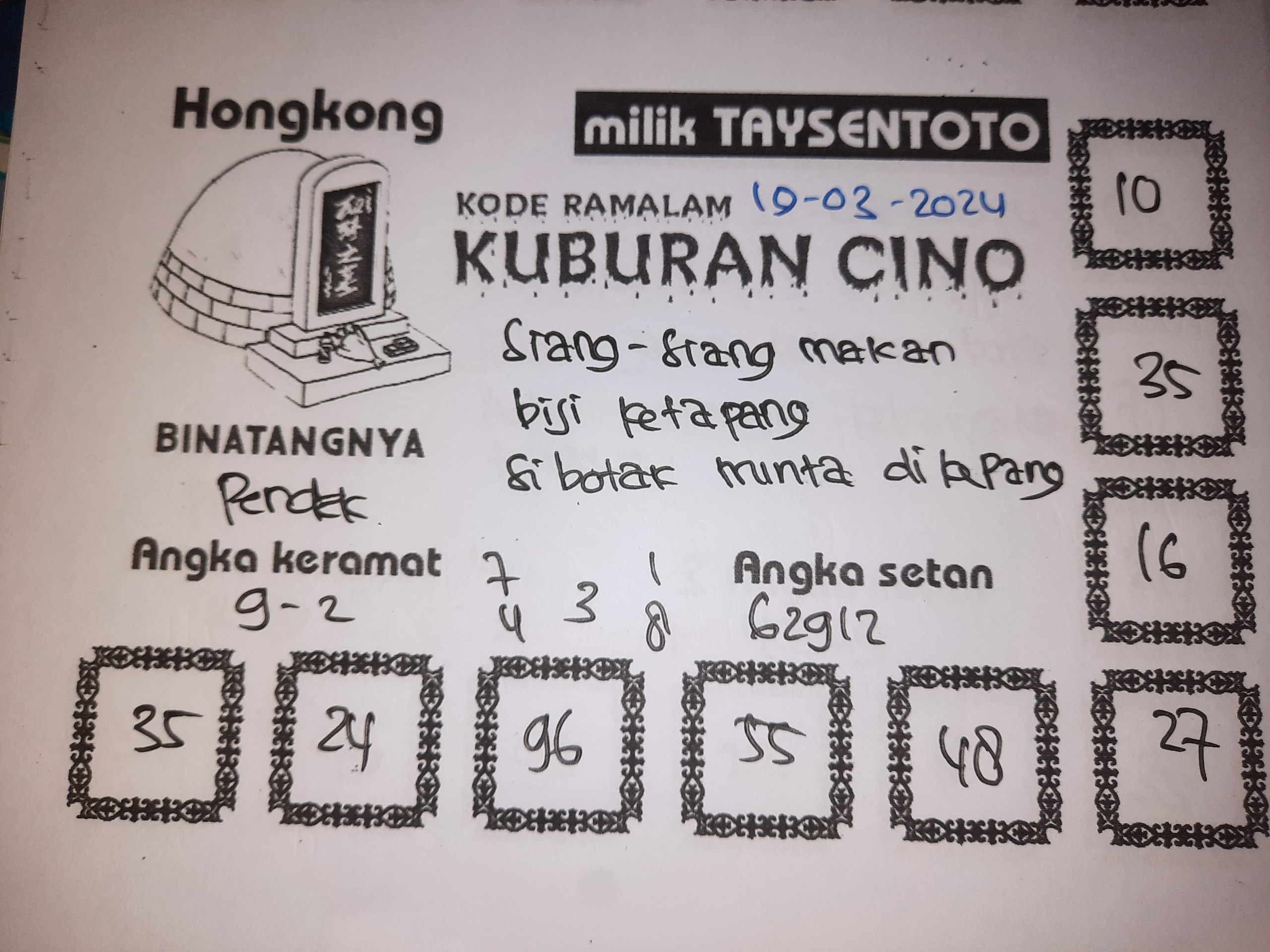 Syair Kuburan Cino HK Hari Ini 19 Maret 2024