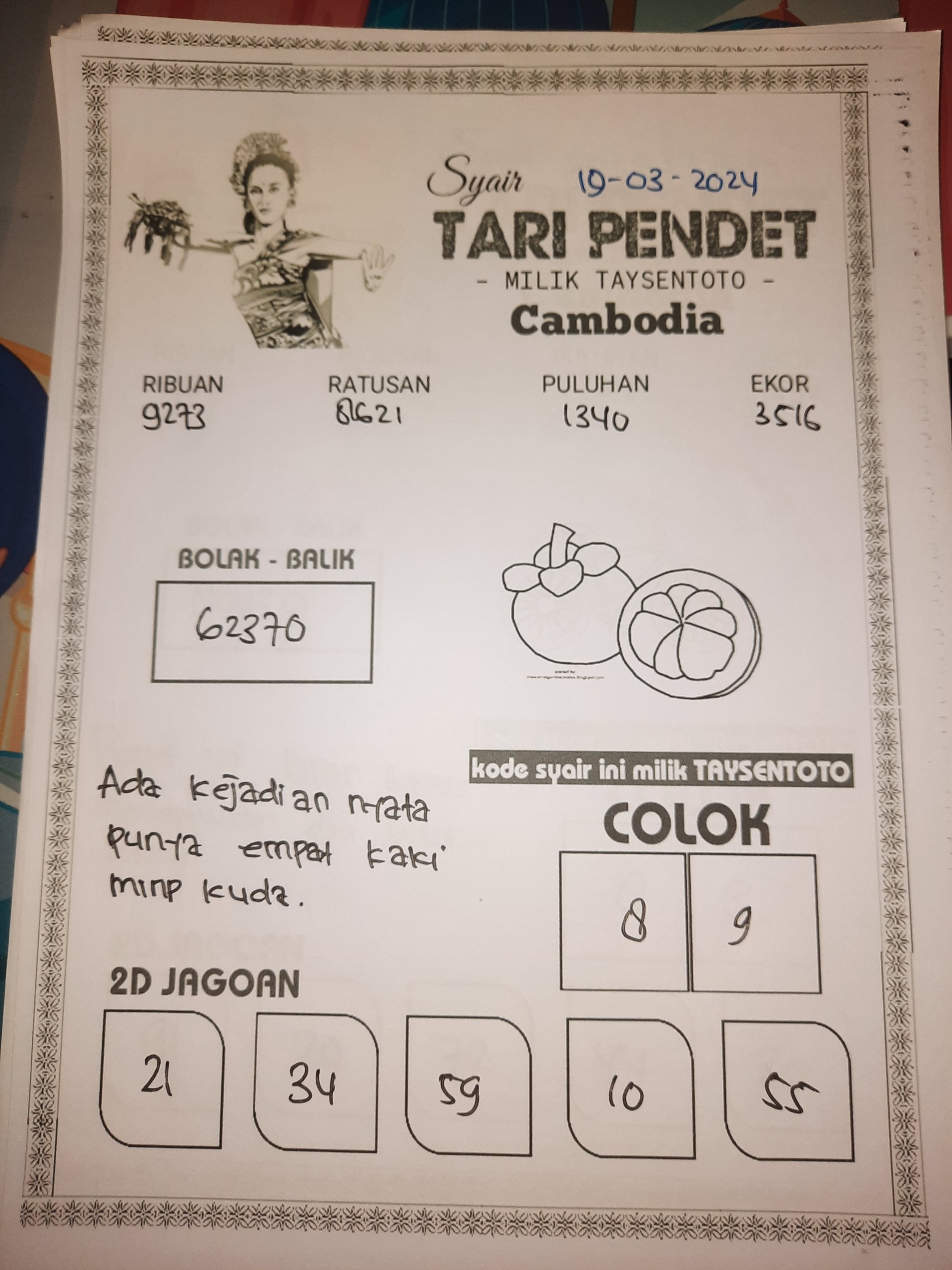 Syair Togel Tari Pendet Cambodia Hari ini 19 Maret 2024