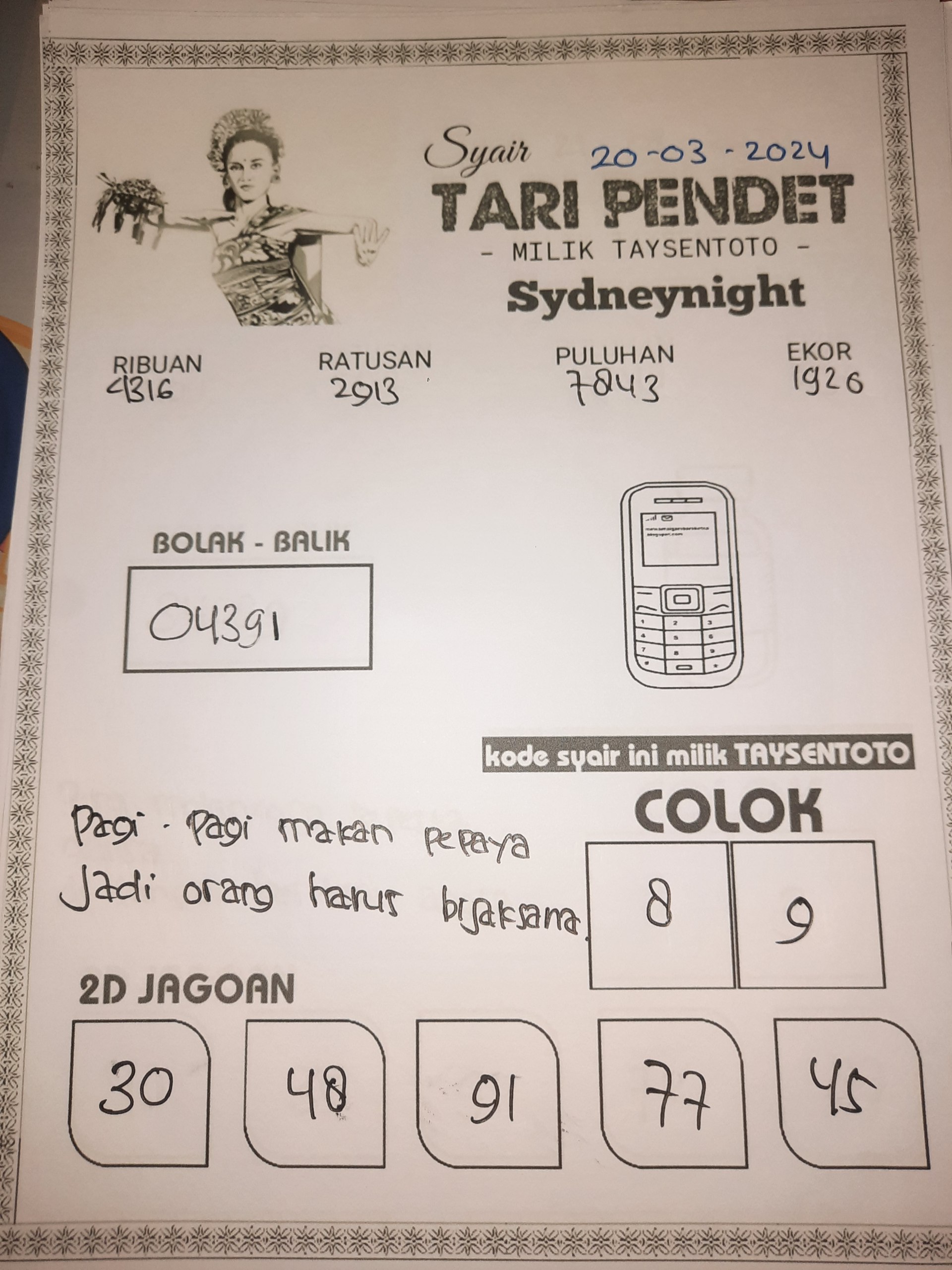 Syair Tari Pendet Sydney Night Hari ini 20 Maret 2024