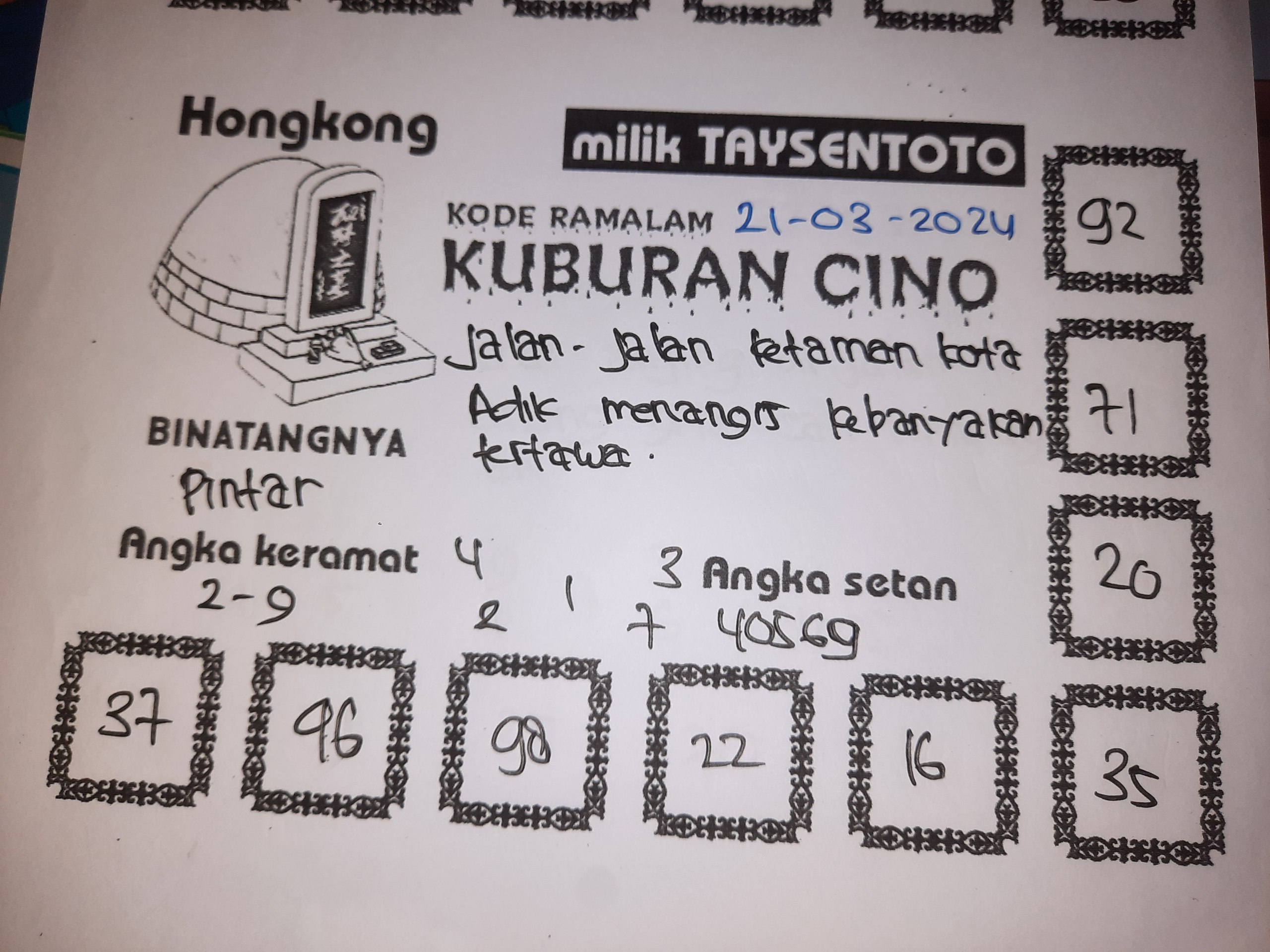 Syair Kuburan Cino HK Hari Ini 21 Maret 2024