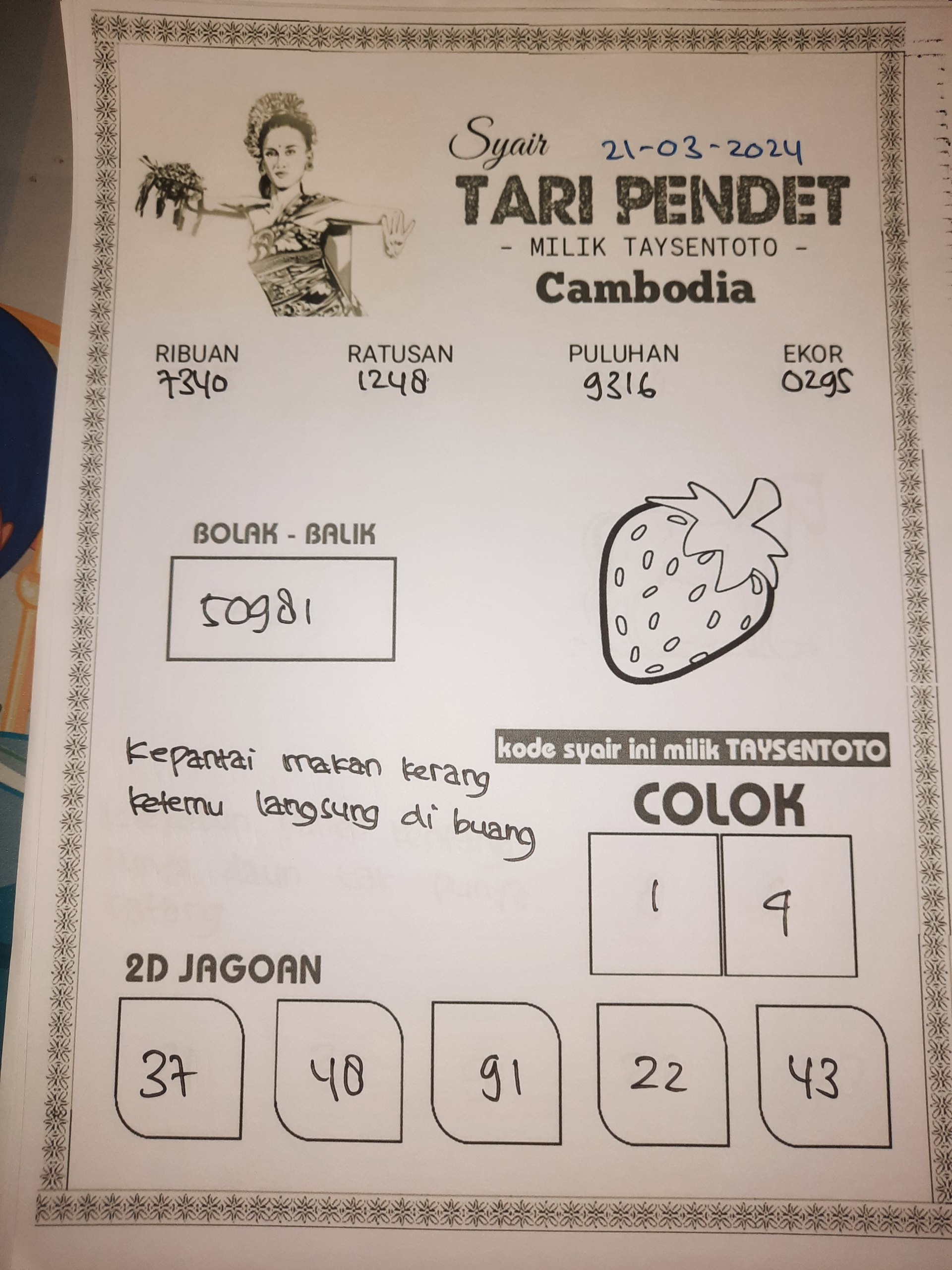 Syair Togel Tari Pendet Cambodia Hari ini 21 Maret 2024