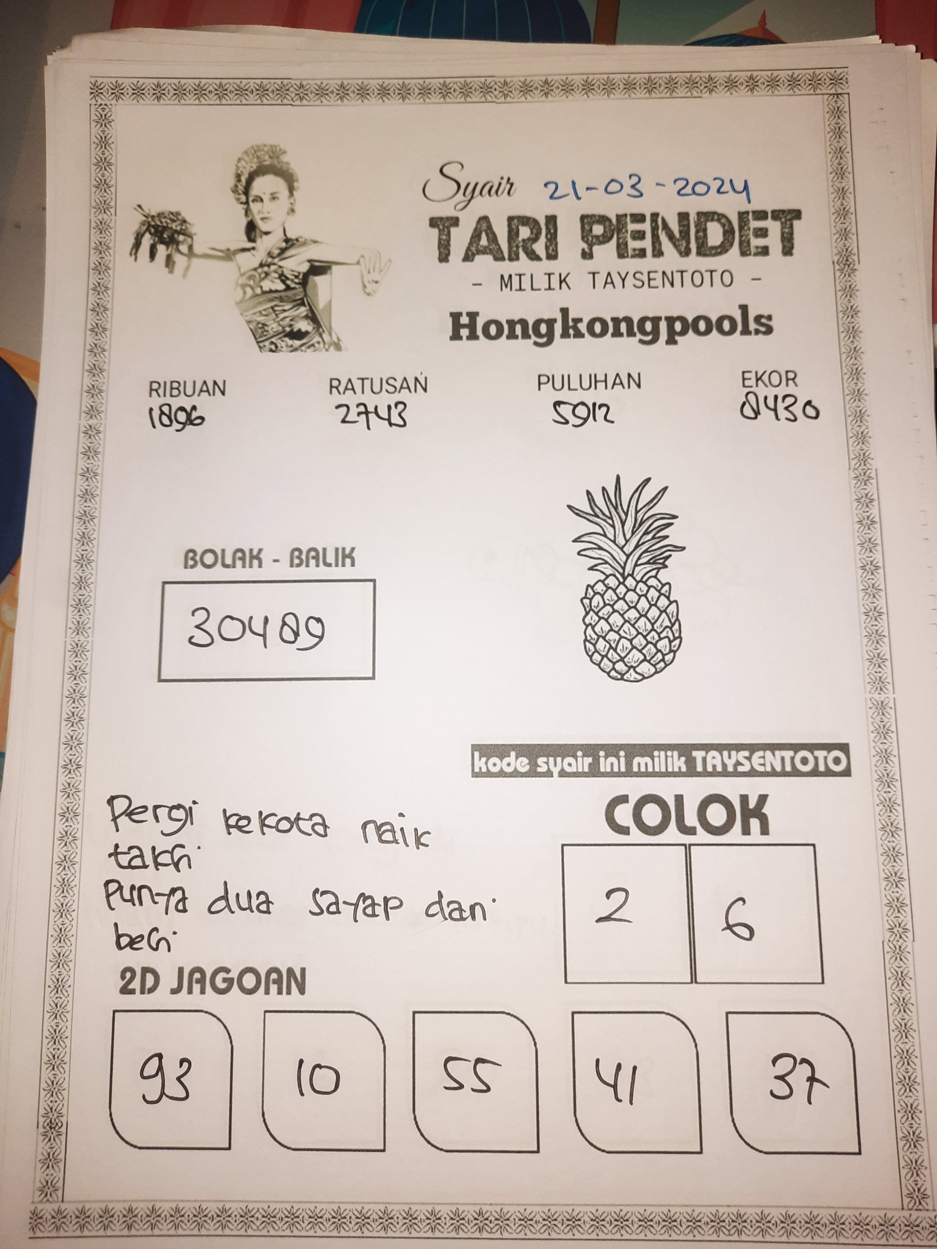 Syair Tari Pendet HK Hari Ini 21 Maret 2024