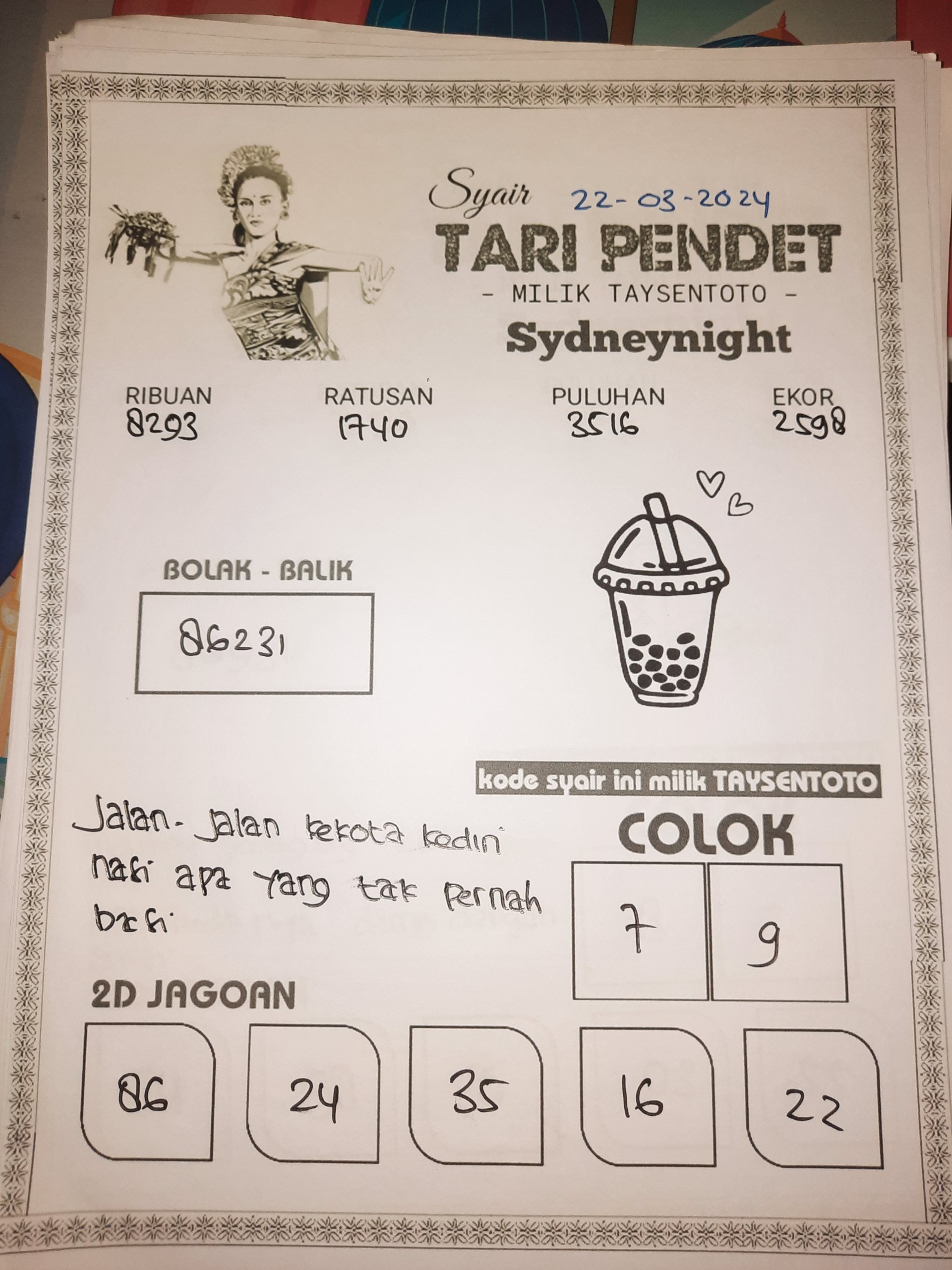 Syair Tari Pendet Sydney Night Hari ini 22 Maret 2024