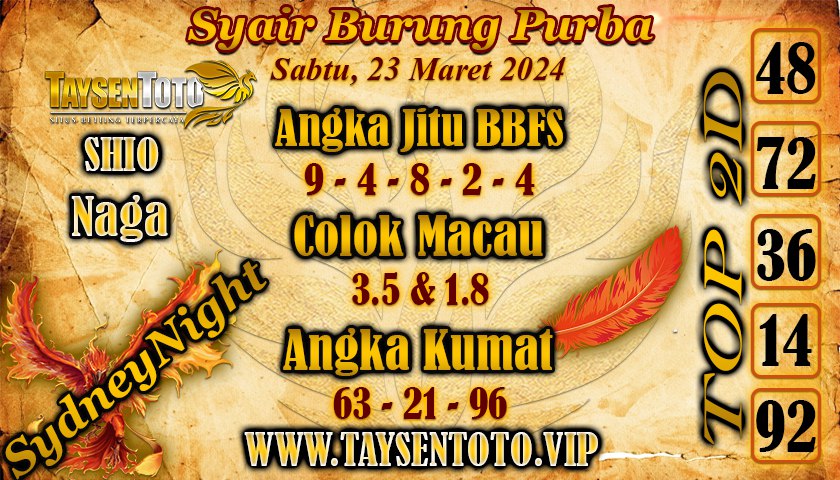 Syair Burung Purba Sydney Night Hari ini 23 Maret 2024