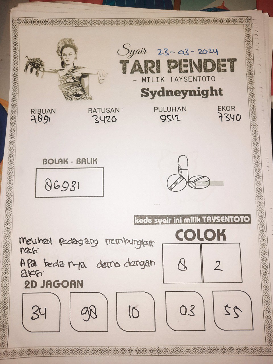 Syair Tari Pendet Sydney Night Hari ini 23 Maret 2024