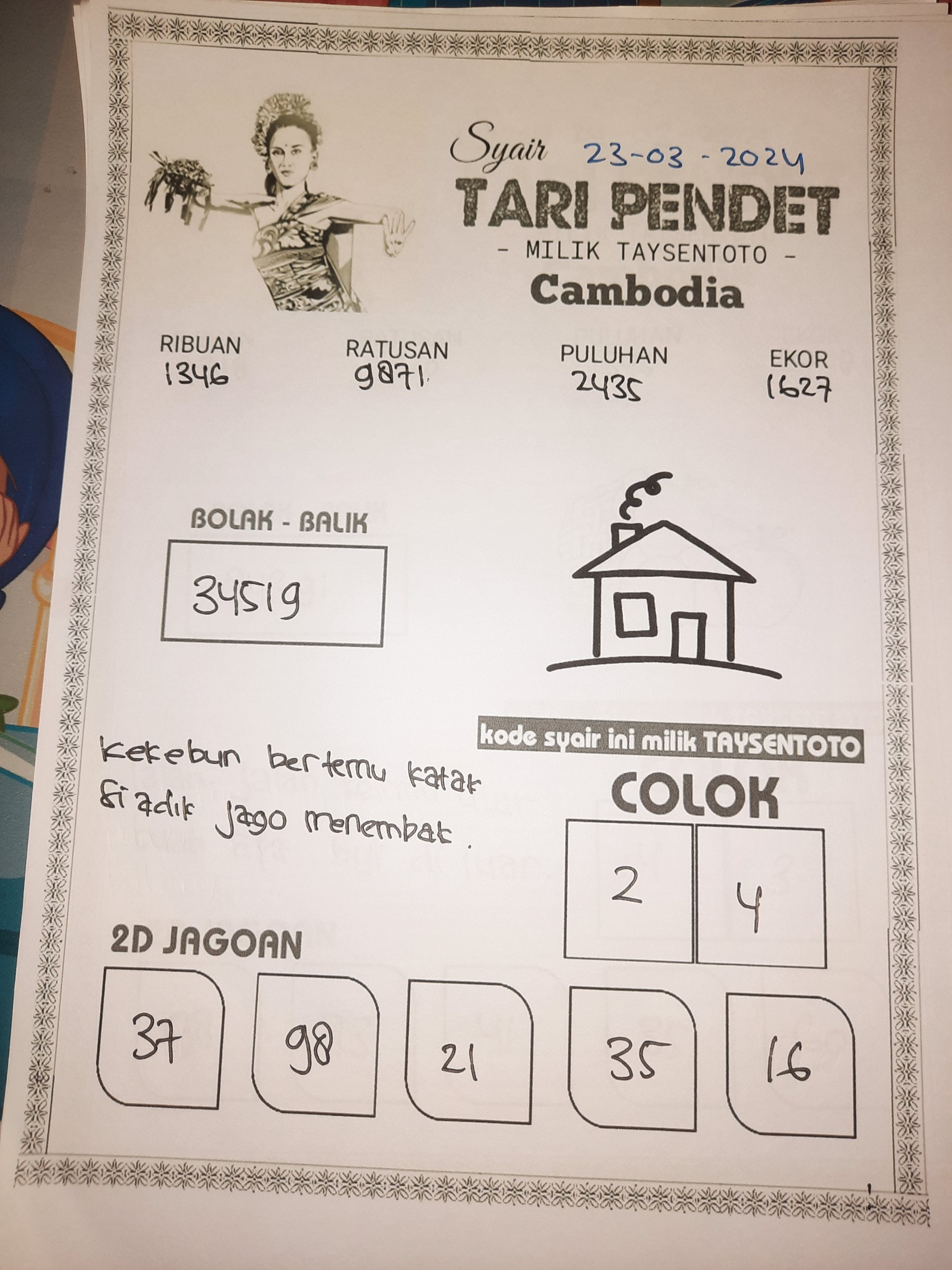 Syair Togel Tari Pendet Cambodia Hari ini 23 Maret 2024