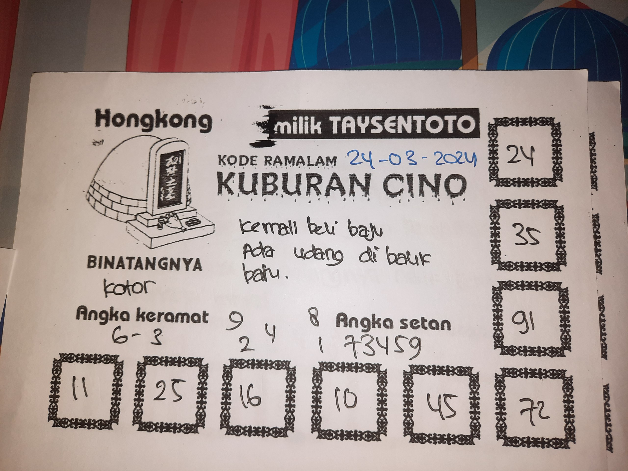 Syair Kuburan Cino HK Hari Ini 24 Maret 2024