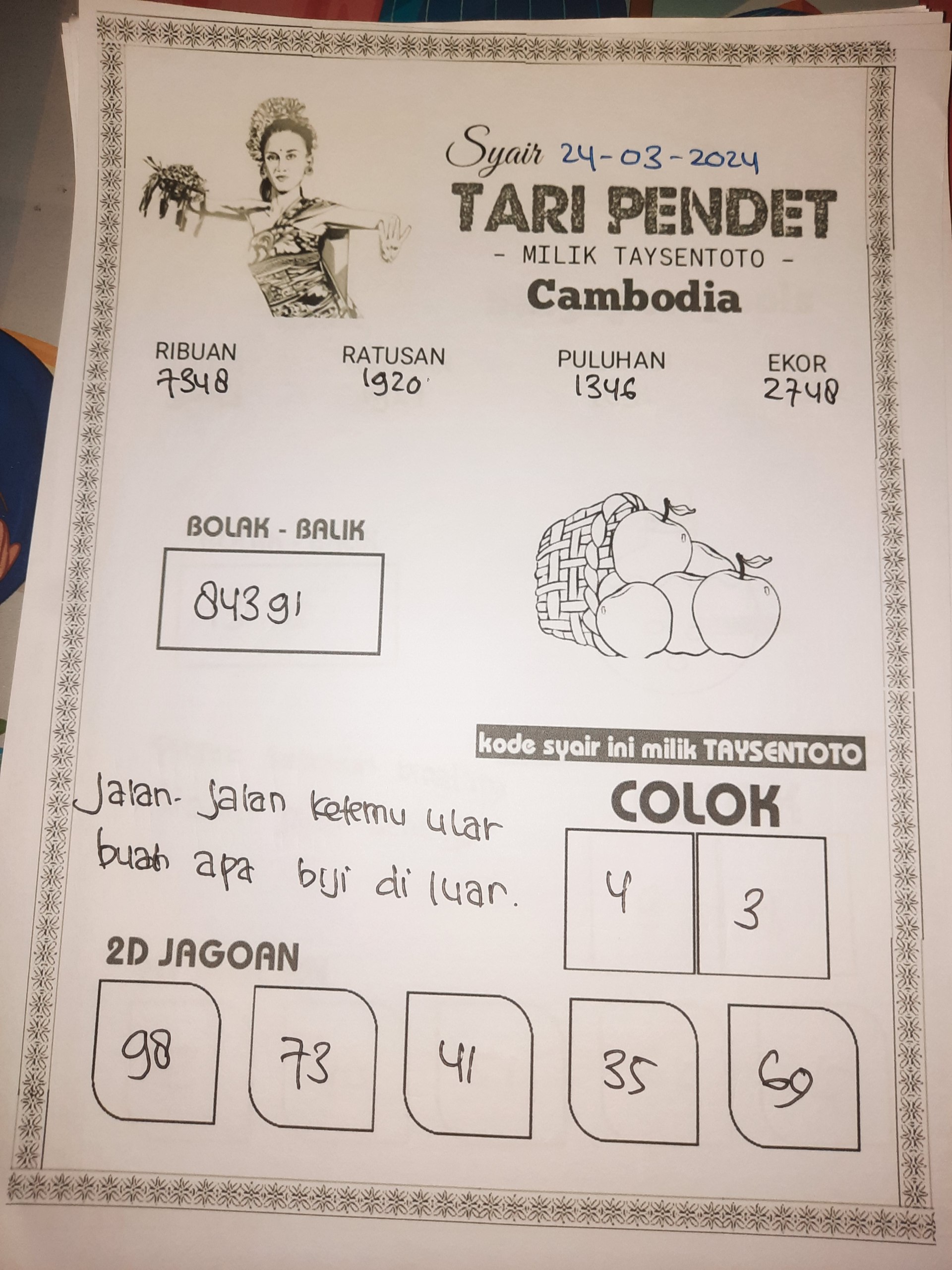 Syair Togel Tari Pendet Cambodia Hari ini 24 Maret 2024