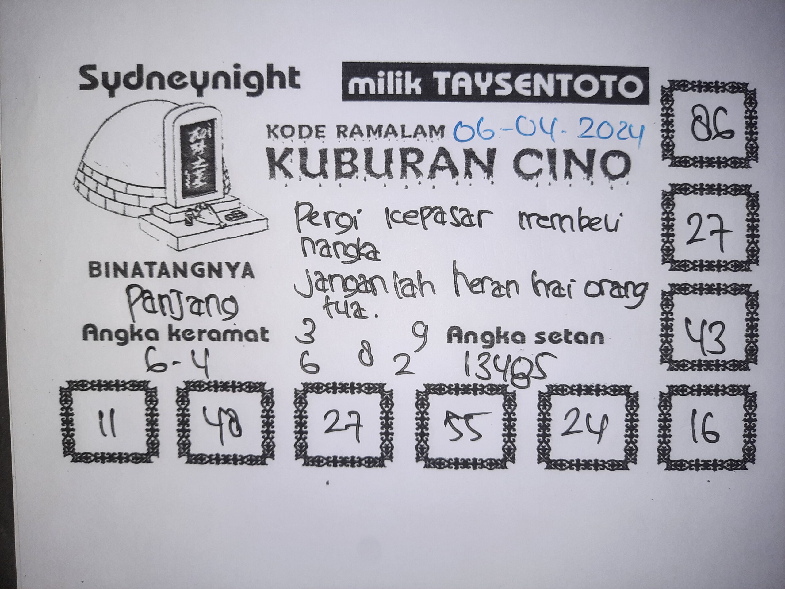 Syair Kuburan Cino Sydneynight Hari ini 06 April 2024