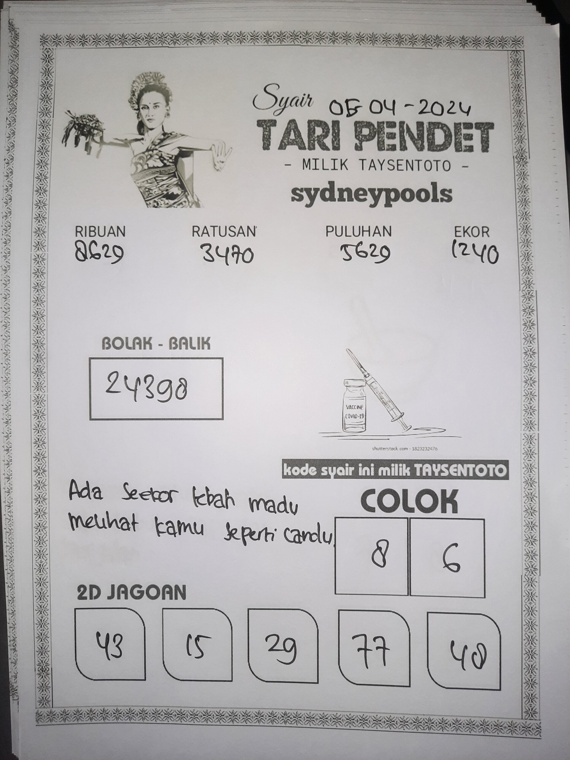 Syair Tari Pendet Sydney Hari ini 05 April 2024