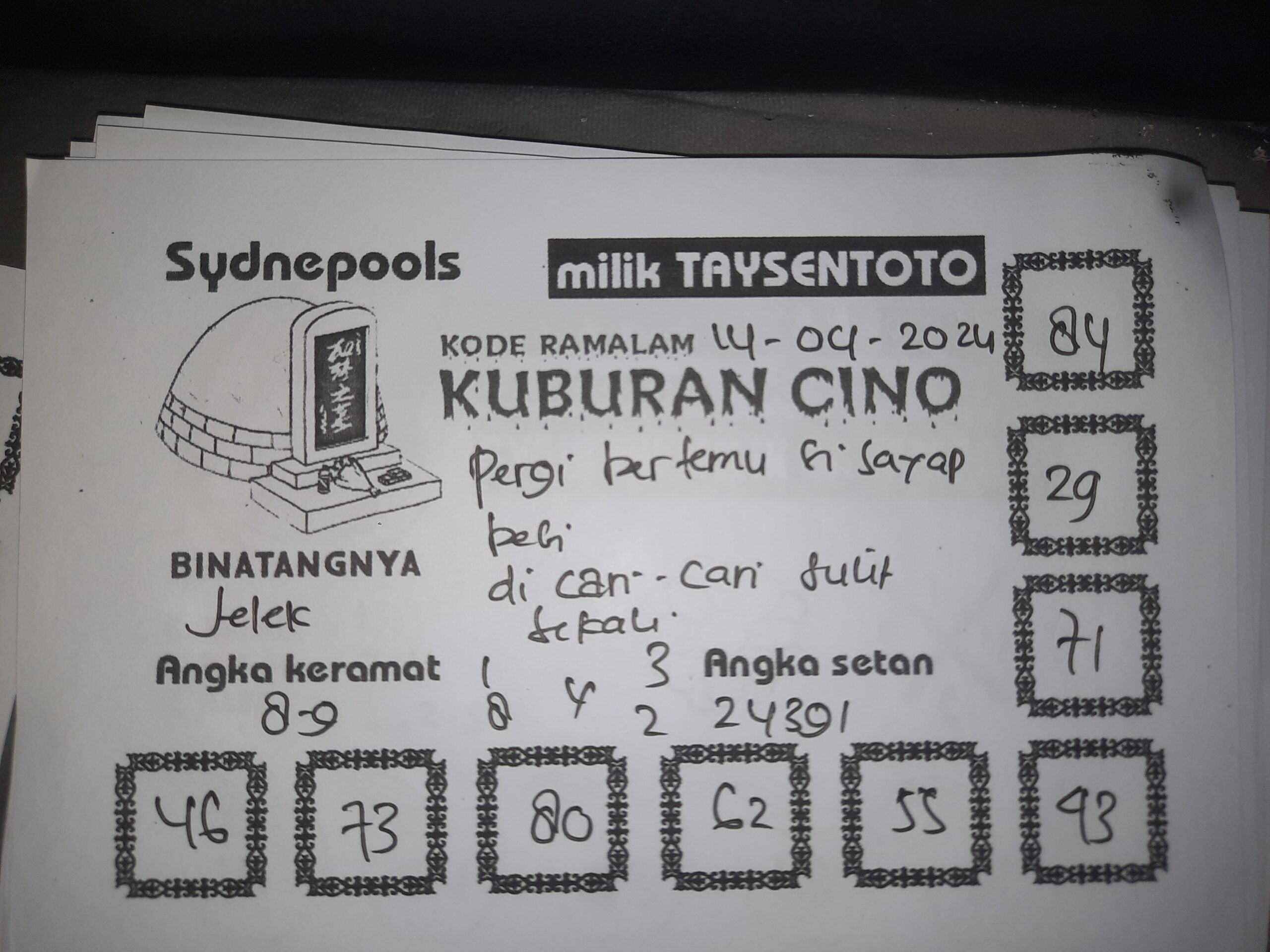 Syair Kuburan Cino Sydney Hari ini 14 April 2024