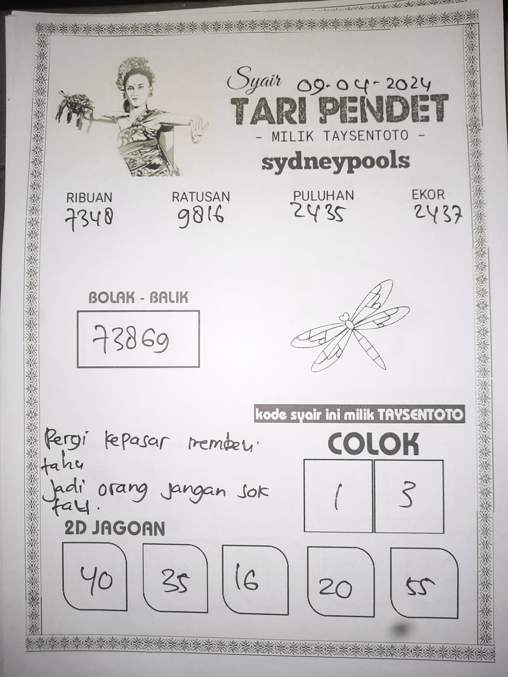 Syair Tari Pendet Sydney Hari ini 09 April 2024