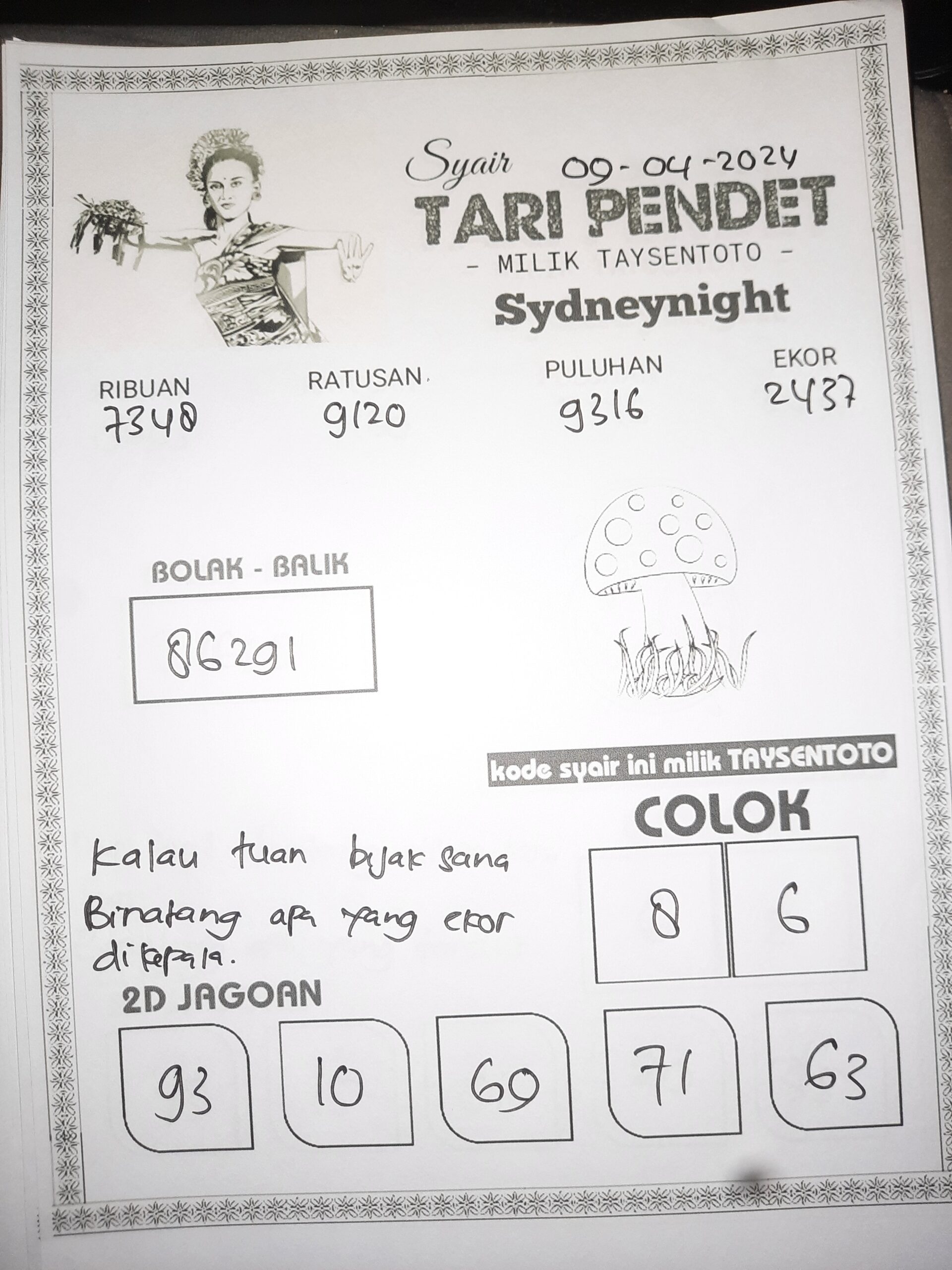 Syair Tari Pendet SydneyNight Hari ini 09 April 2024