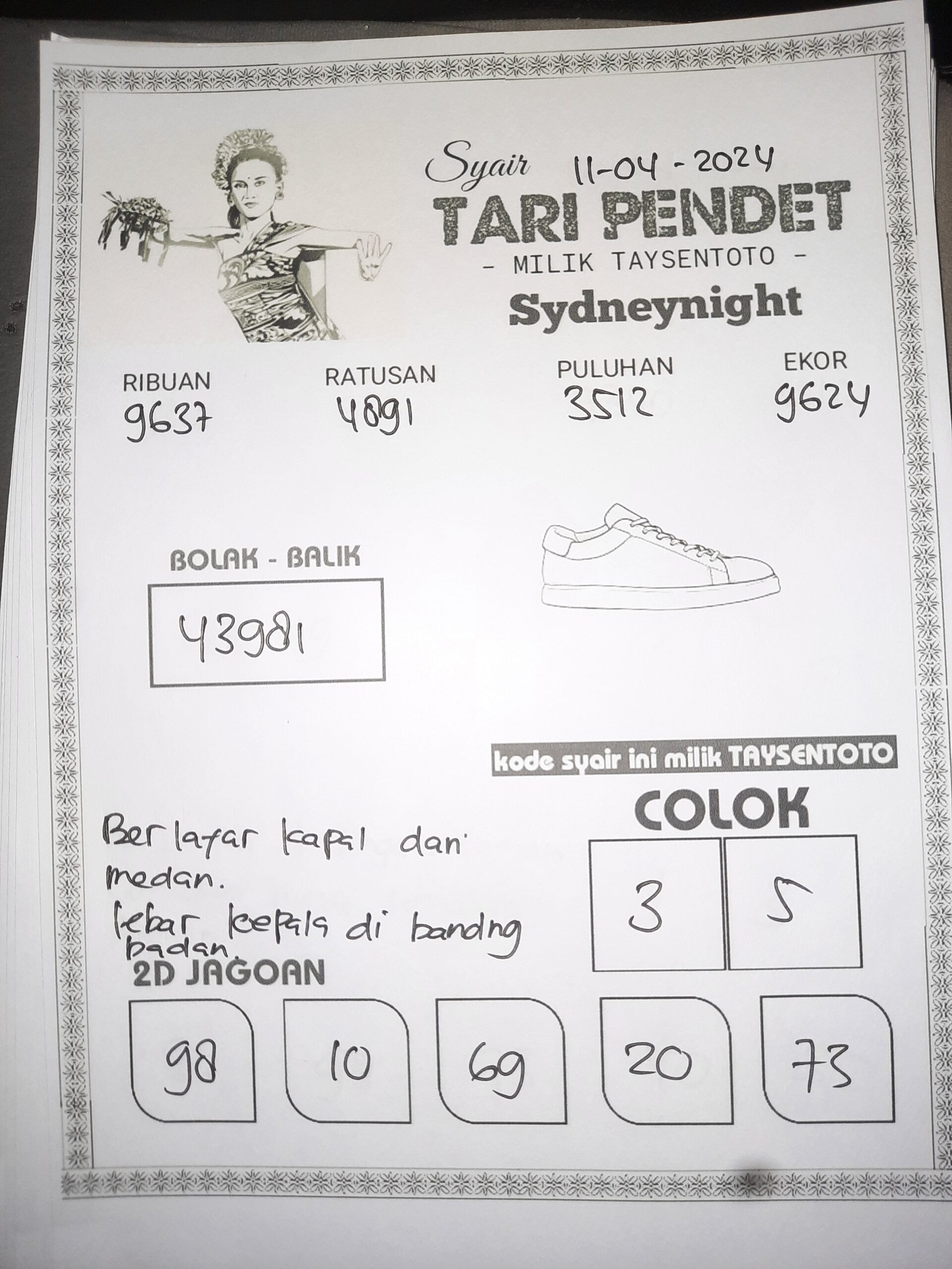 Syair Tari Pendet SydneyNight Hari ini 10 April 2024