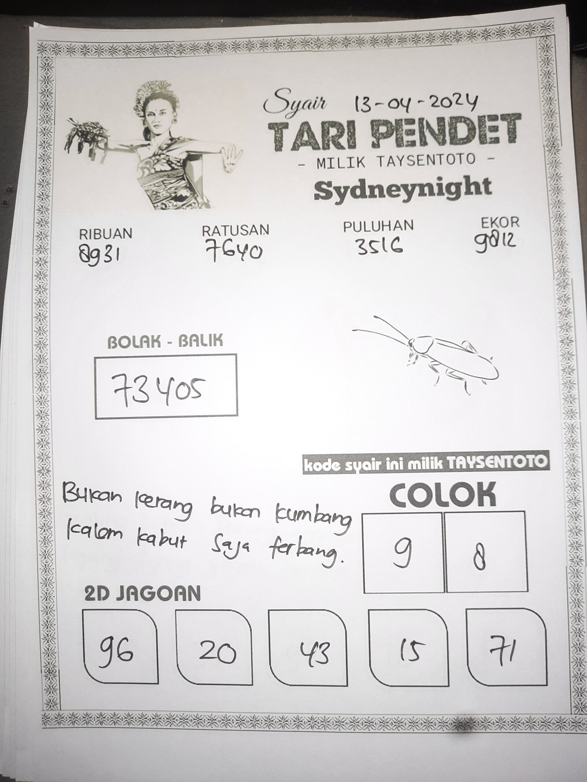 Syair Tari Pendet SydneyNight Hari ini 13 April 2024