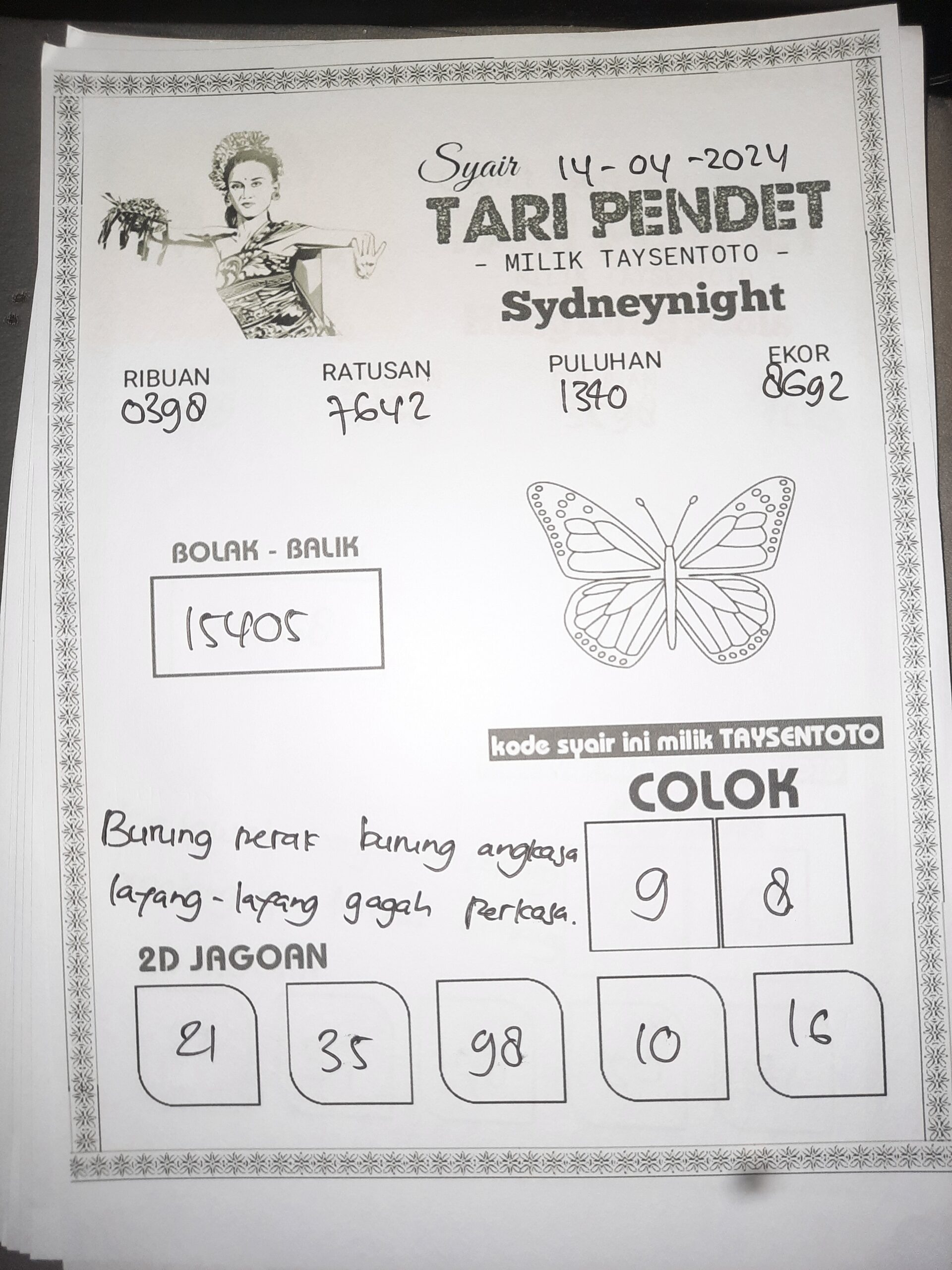 Syair Tari Pendet SydneyNight Hari ini 14 April 2024