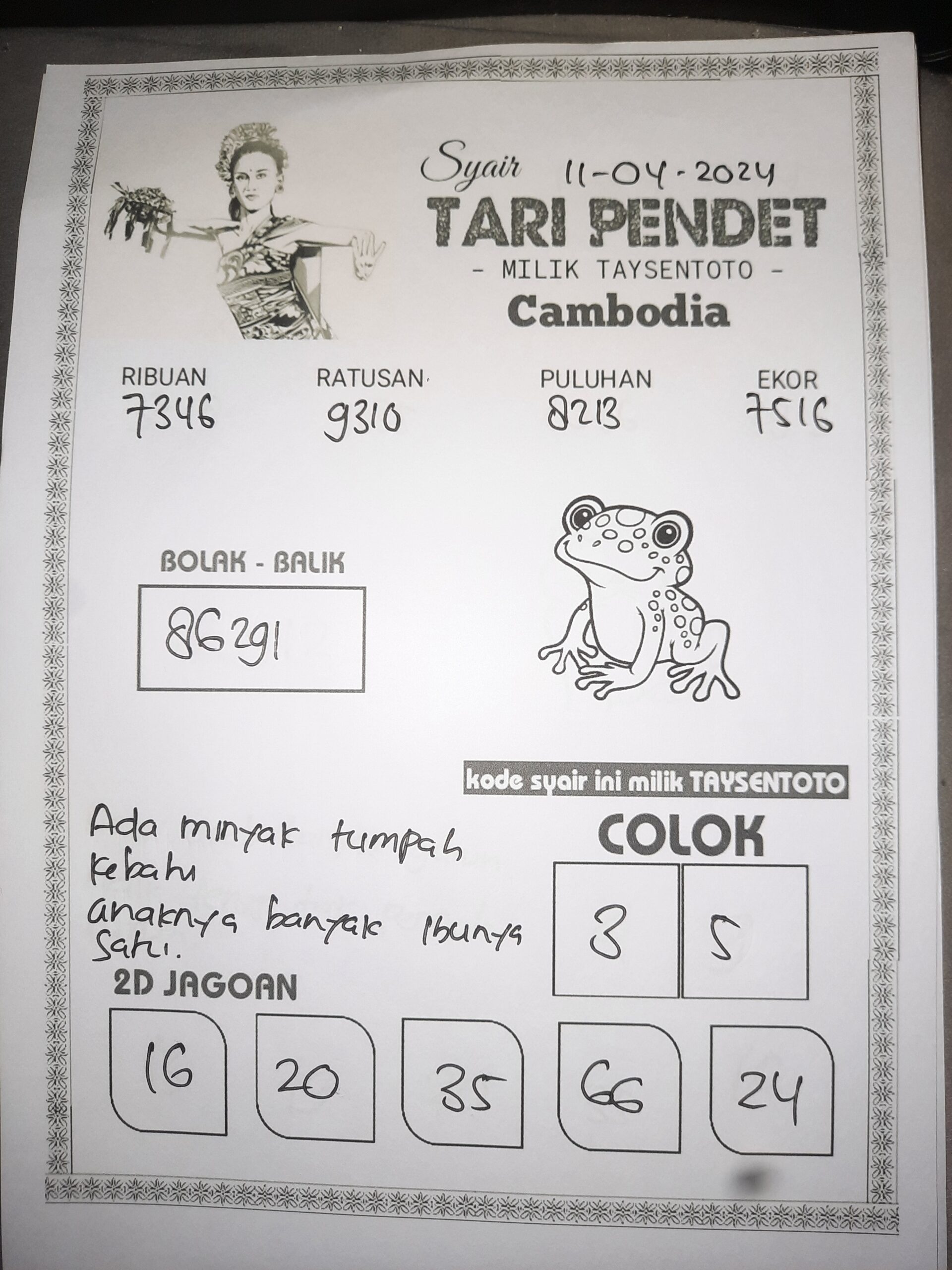 Syair Tari Pendet cambodia Hari Ini 11 April 2024