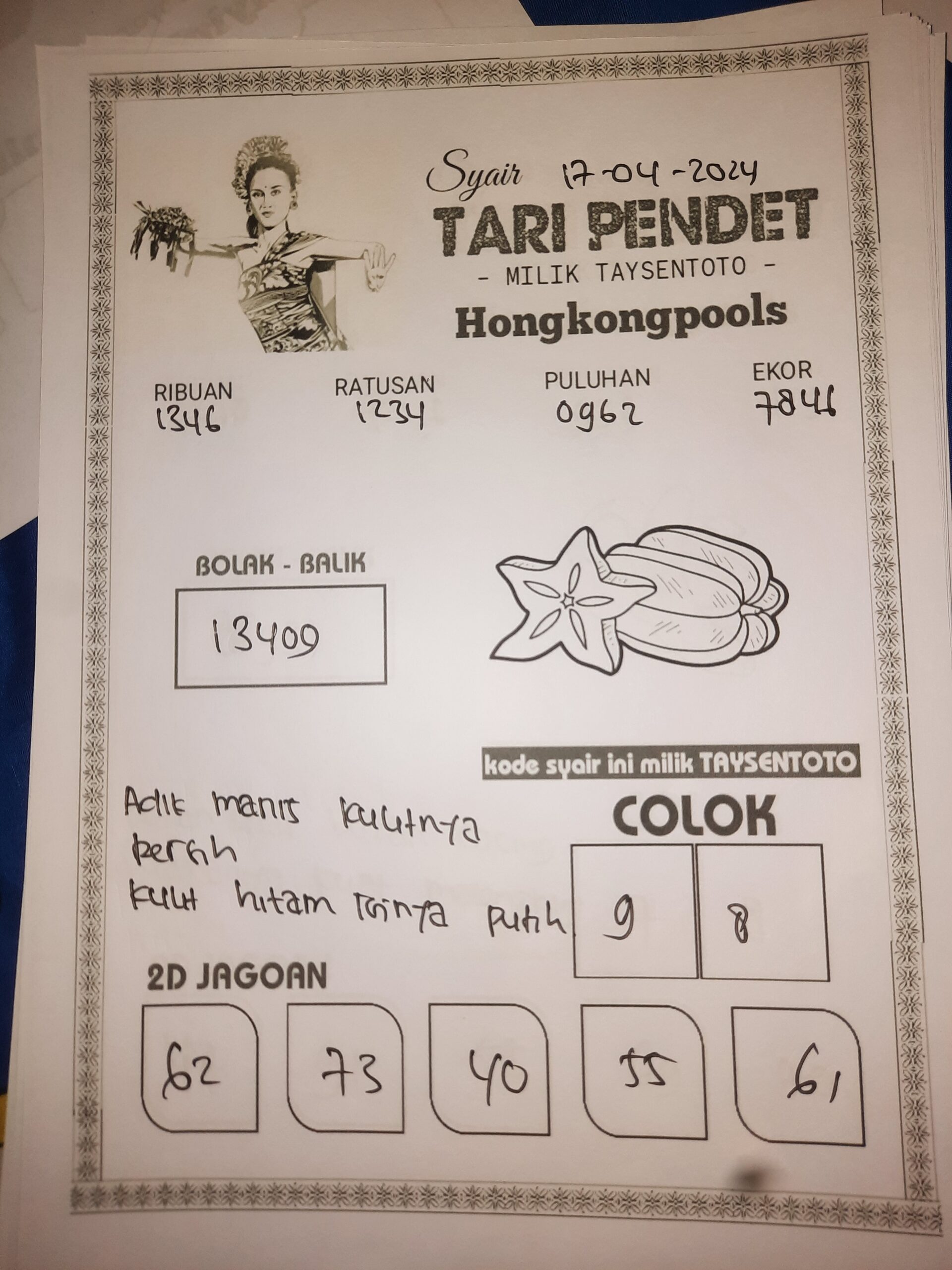 Syair Tari Pendet HK Hari Ini 17 April 2024