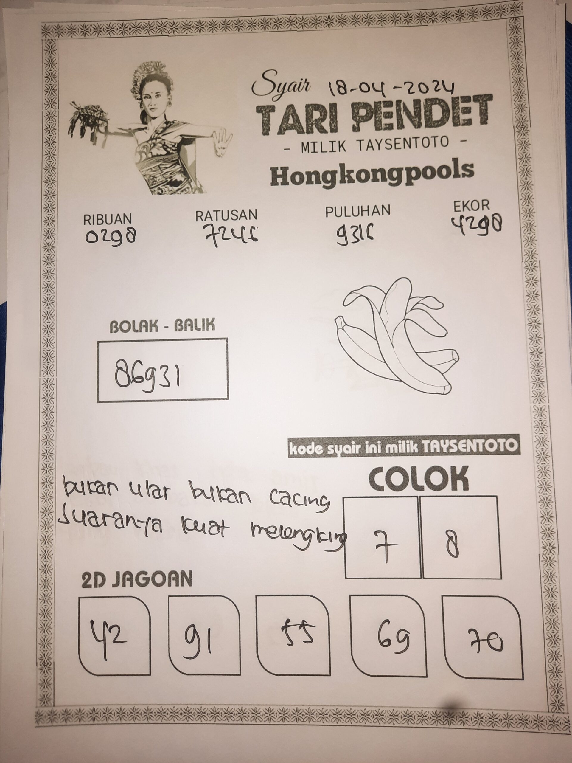 Syair Tari Pendet HK Hari Ini 18 April 2024