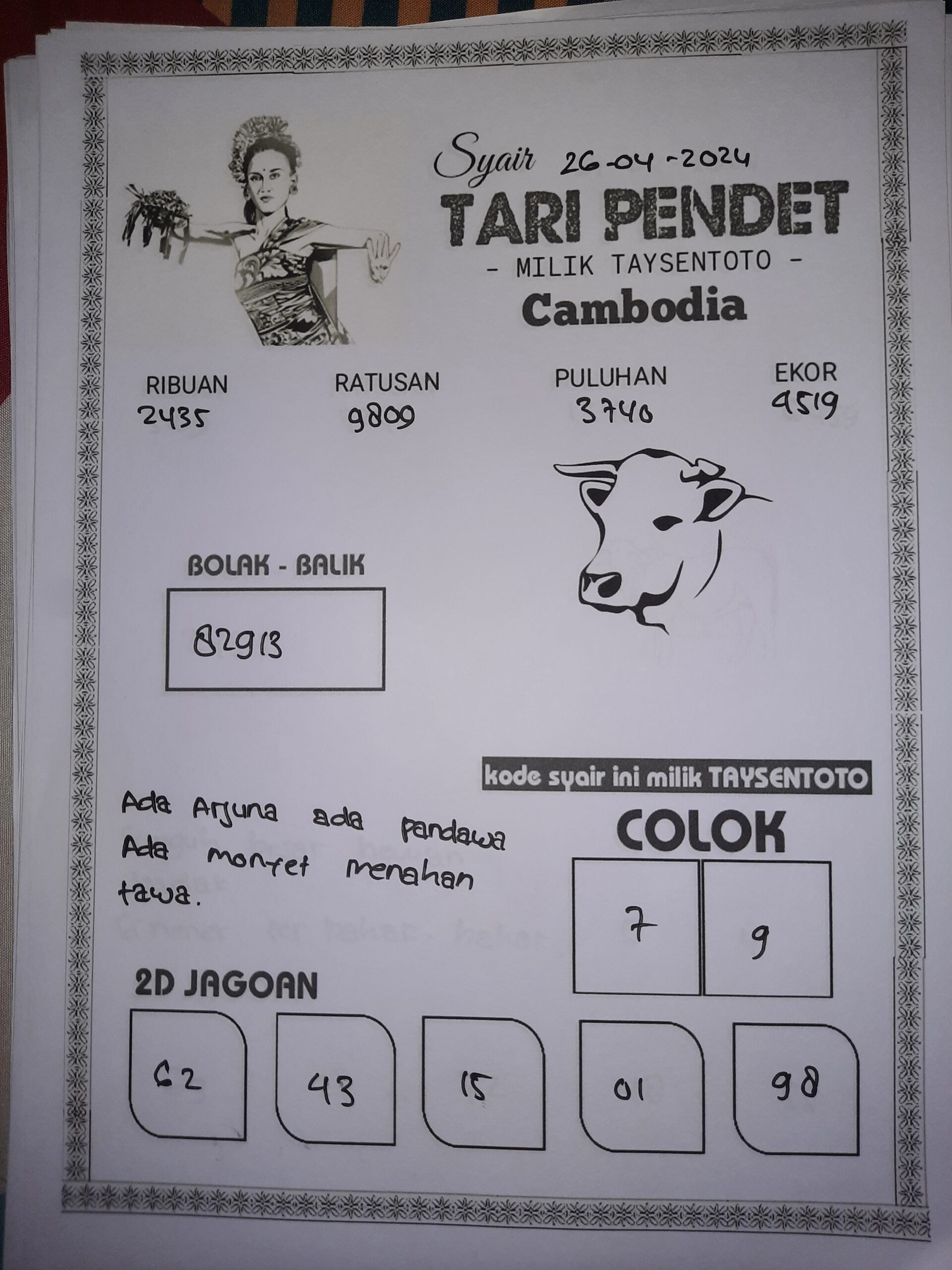 Syair Tari Pendet cambodia Hari Ini 26 April 2024