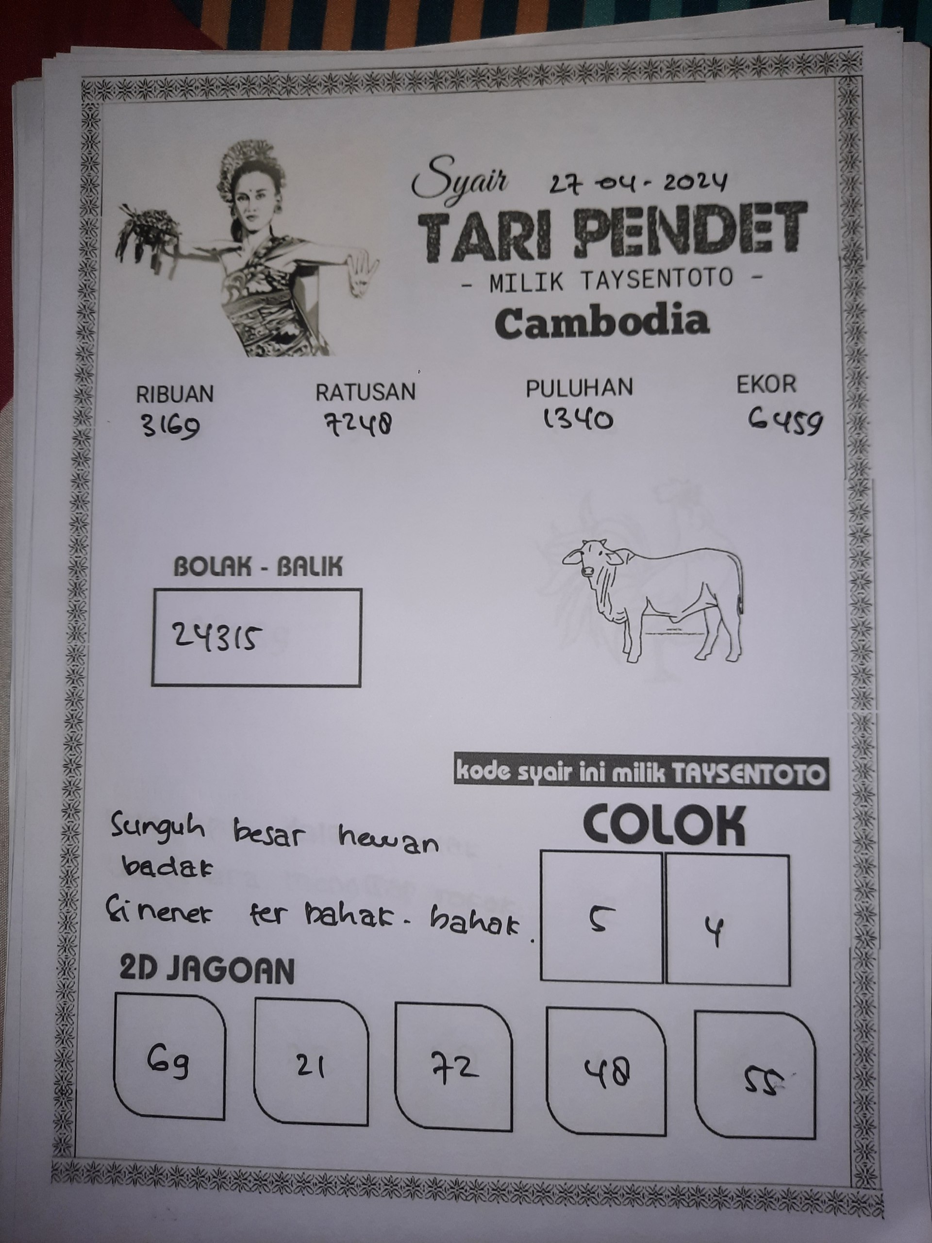 Syair Tari Pendet cambodia Hari Ini 27 April 2024