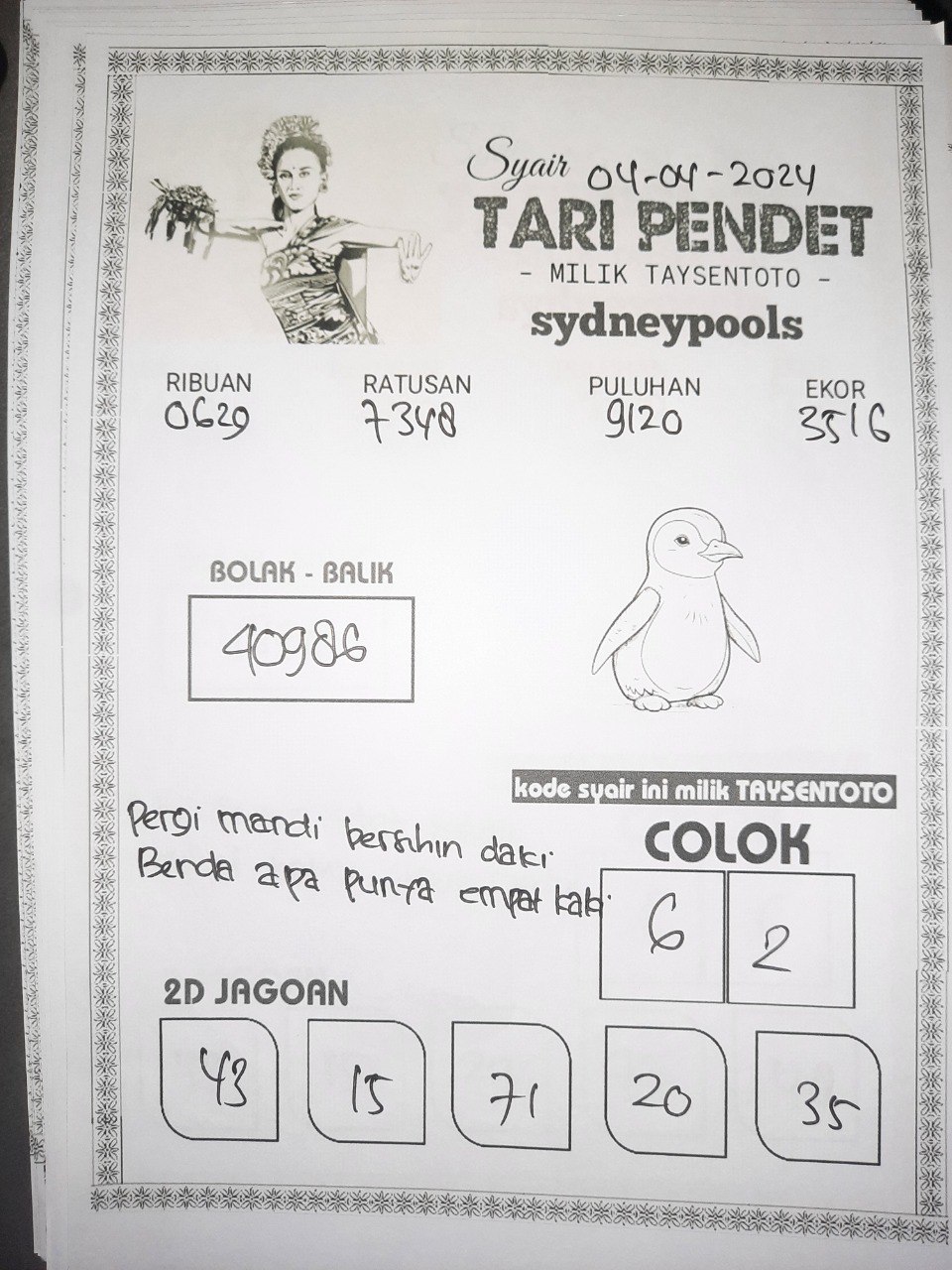 Syair Tari Pendet Sydney Hari ini 03 April 2024