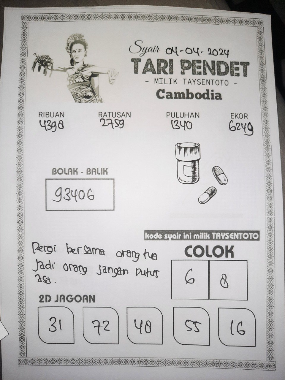 Syair Togel Tari Pendet Cambodia Hari ini 04 April 2024