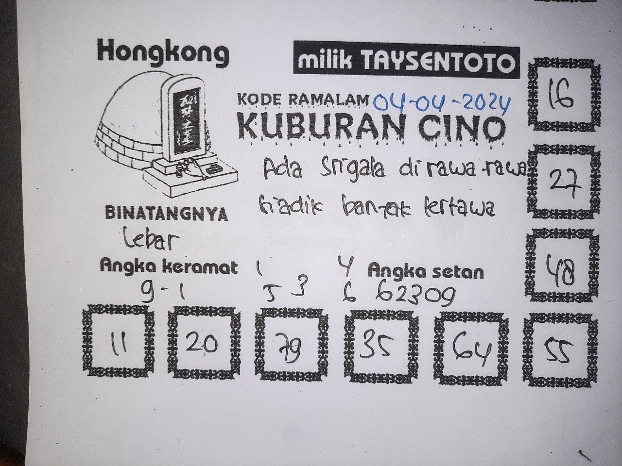 Syair Kuburan Cino HK Hari Ini 04 April 2024