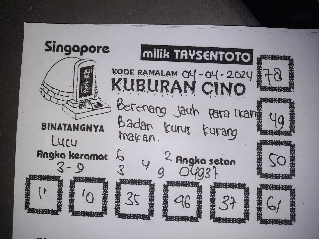 Syair Kuburan Cino SGP Hari Ini 04 April 2024