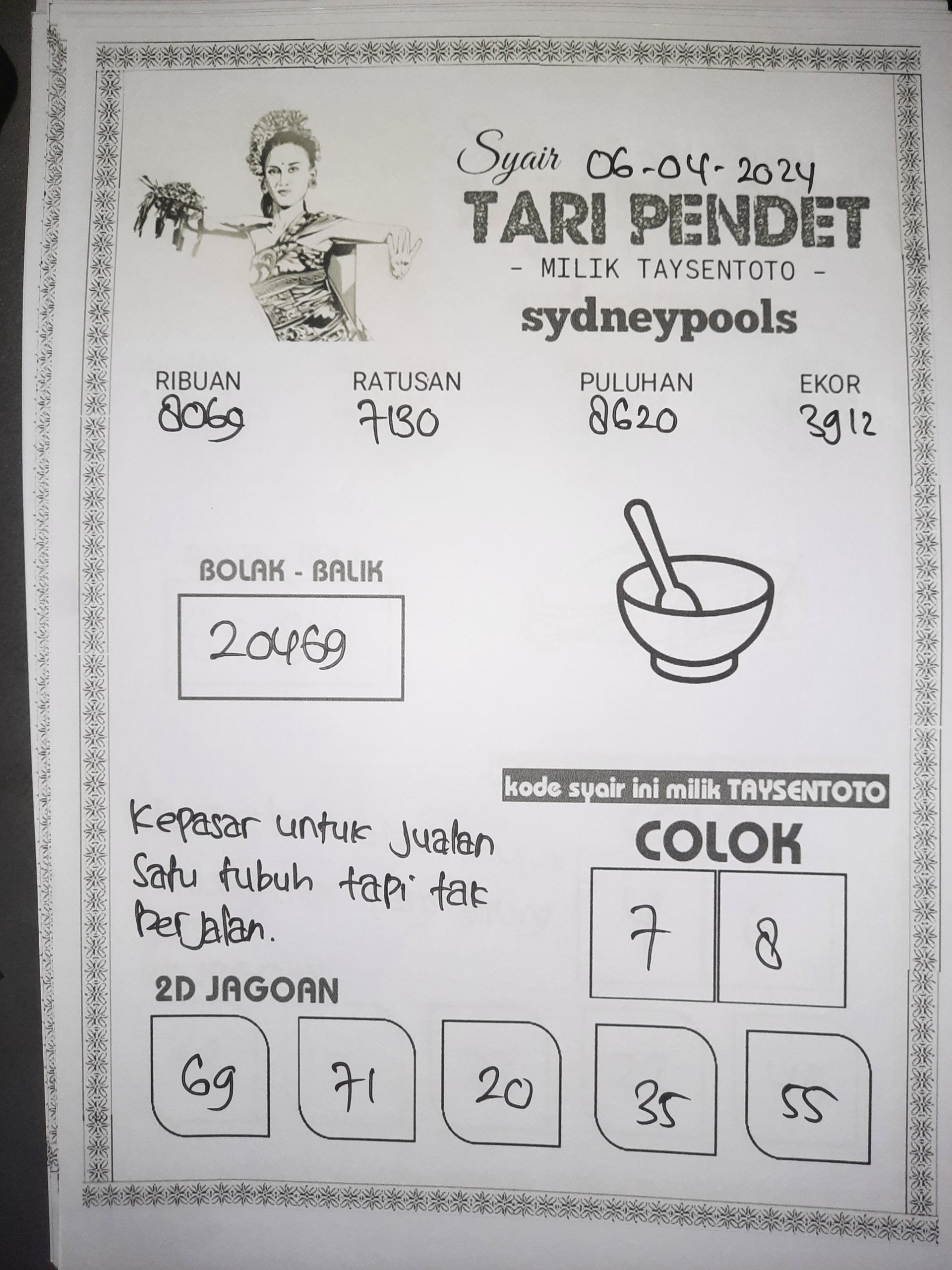 Syair Tari Pendet Sydney Hari ini 06 April 2024