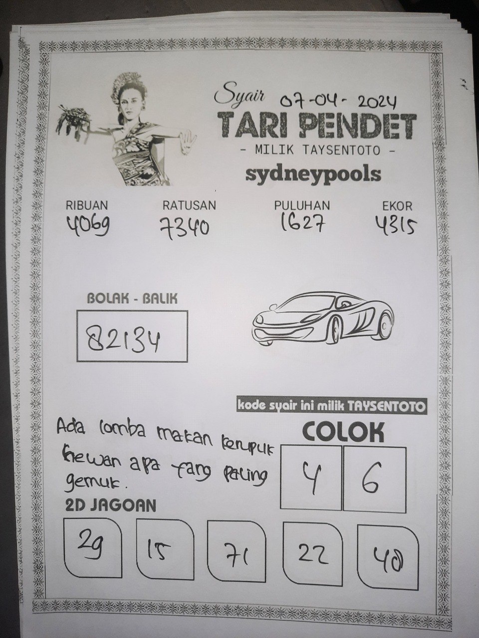 Syair Tari Pendet Sydney Hari ini 07 April 2024