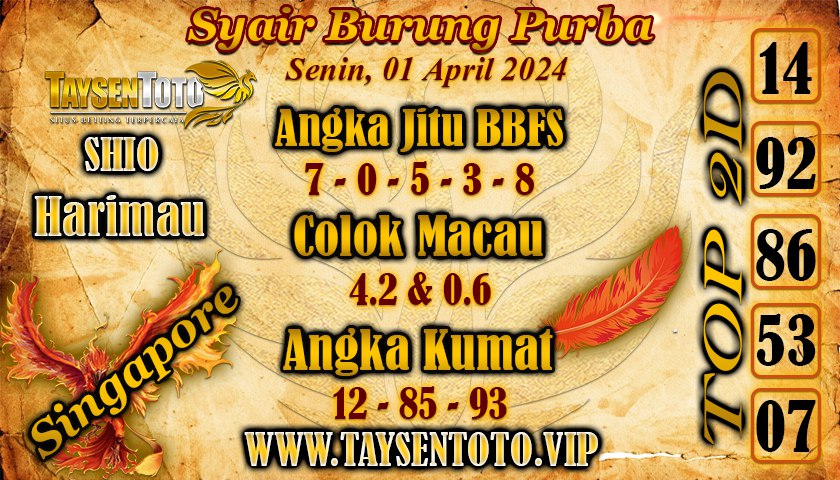 Syair Burung Purba SGP Hari Ini 01 April 2024